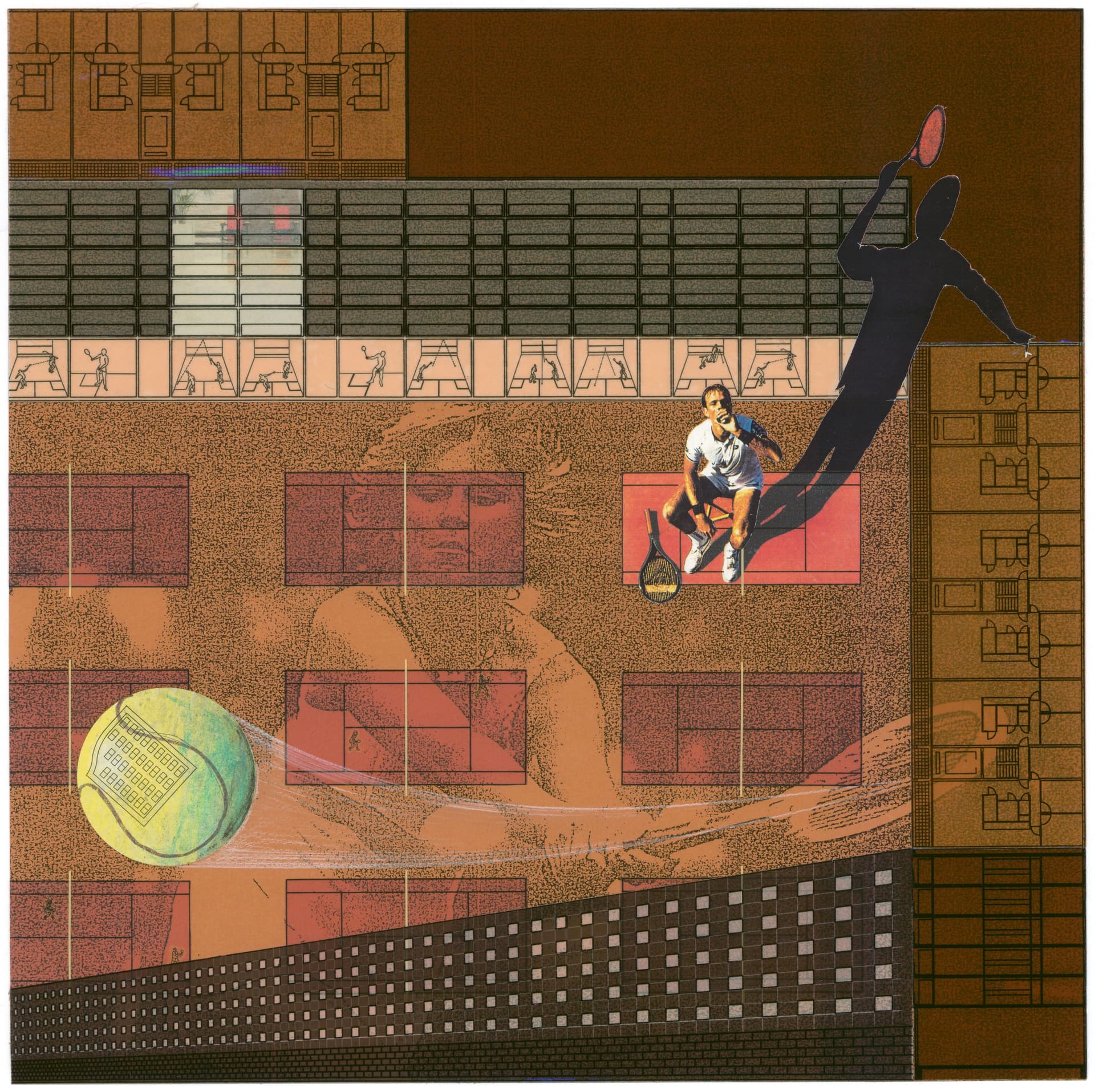 F. van Dongen. Collage van Zips op een lichtdruk voor het stedenbouwkundig ontwerp voor het Olympisch Stadionterrein, Amsterdam, 1990-2000. Collectie Het Nieuwe Instituut, archief Frits van Dongen, DONF1519-2.  