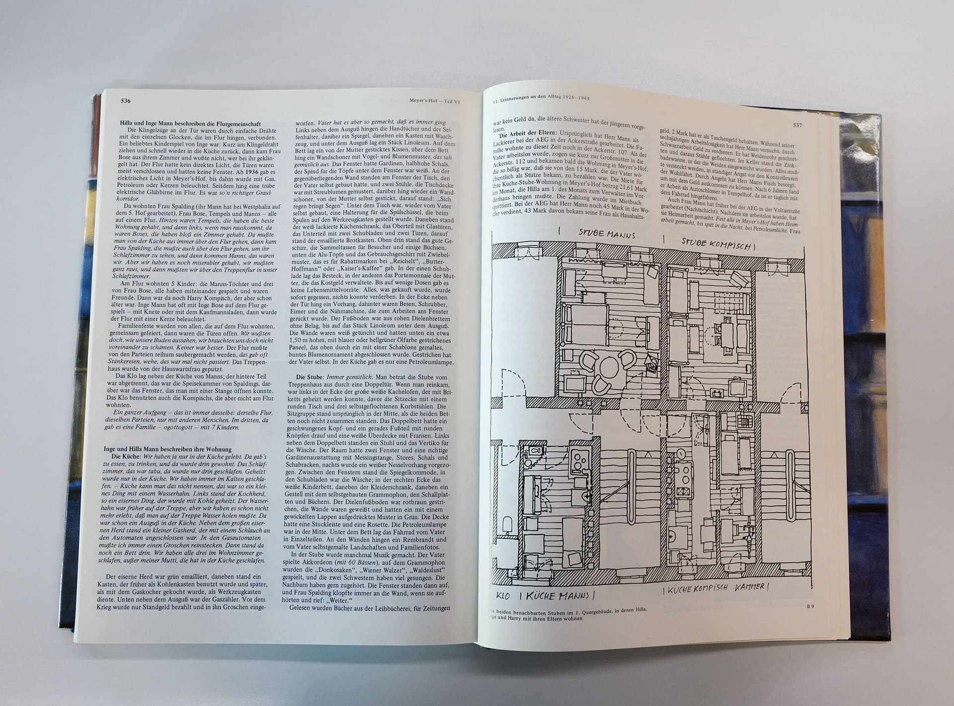 The drawing, based on interviews, shows how 4 or 5 people lived in a room or two plus a kitchen, which also served as a place to sleep. Many families had no private front door, but shared a corridor with several families. Source: Das Berliner M… 