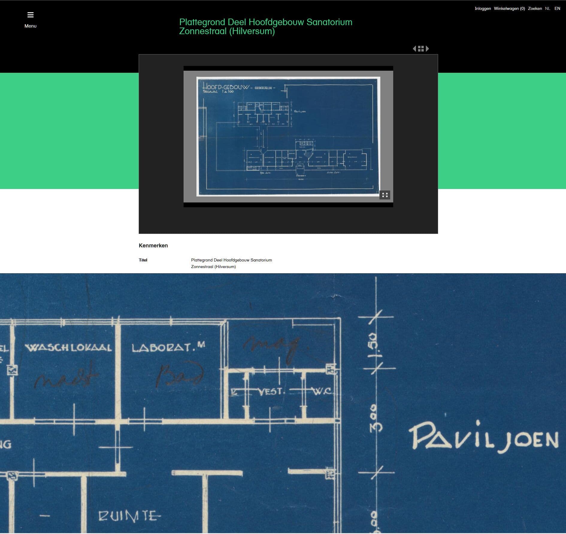 Gecombineerd screenshot Zoekportaal collectie Het Nieuwe Instituut. J. Duiker. Plattegrond Paviljoen Sanatorium Zonnestraal.