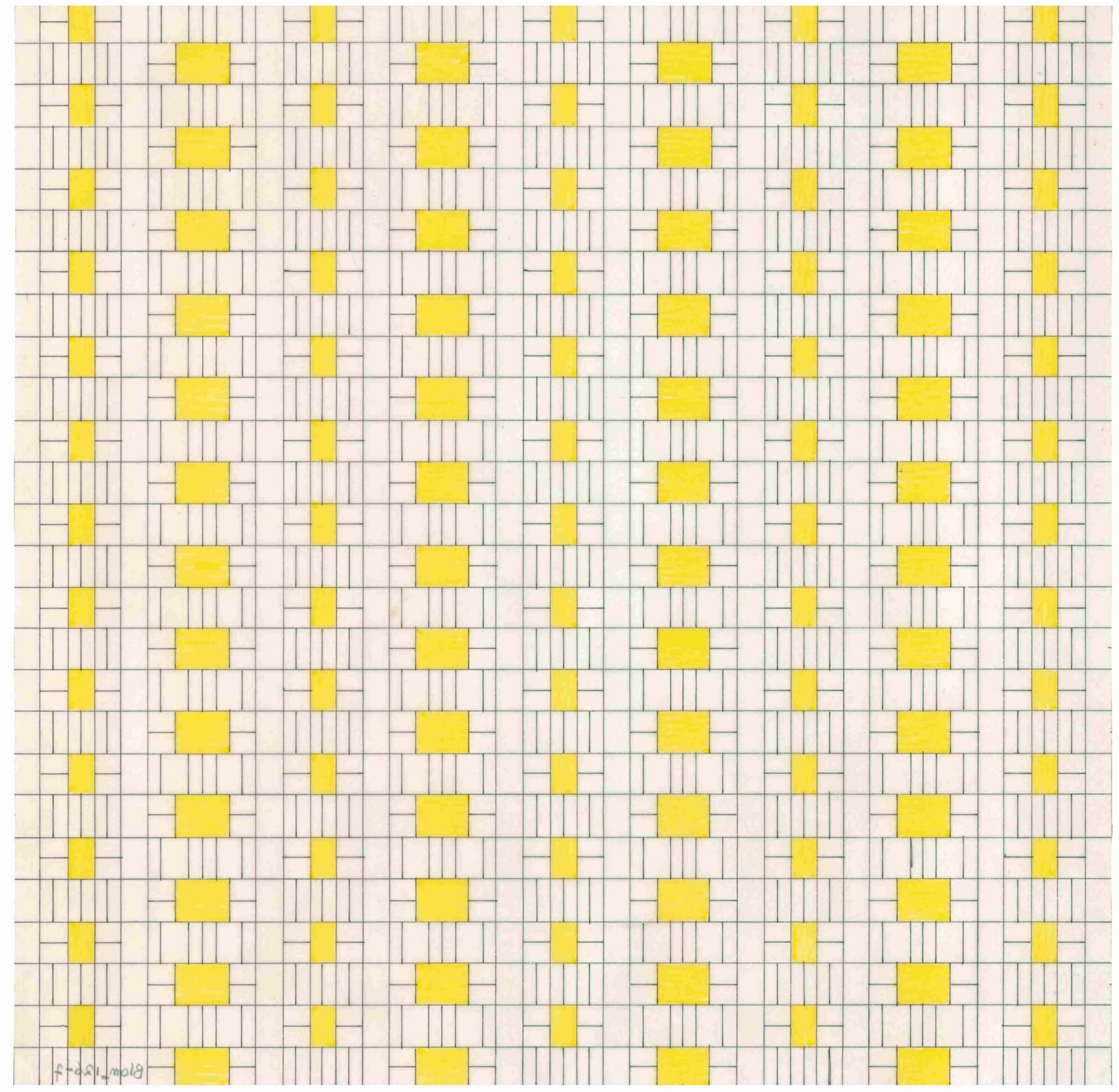 Piet Blom. Aerial view of ‘Housing as an Urban Roof’, 1969-70. Collection Het Nieuwe Instituut, BLOM 126-7. The grid shows the alternation between roofs and external spaces, with the voids for daylight shown in yellow. 