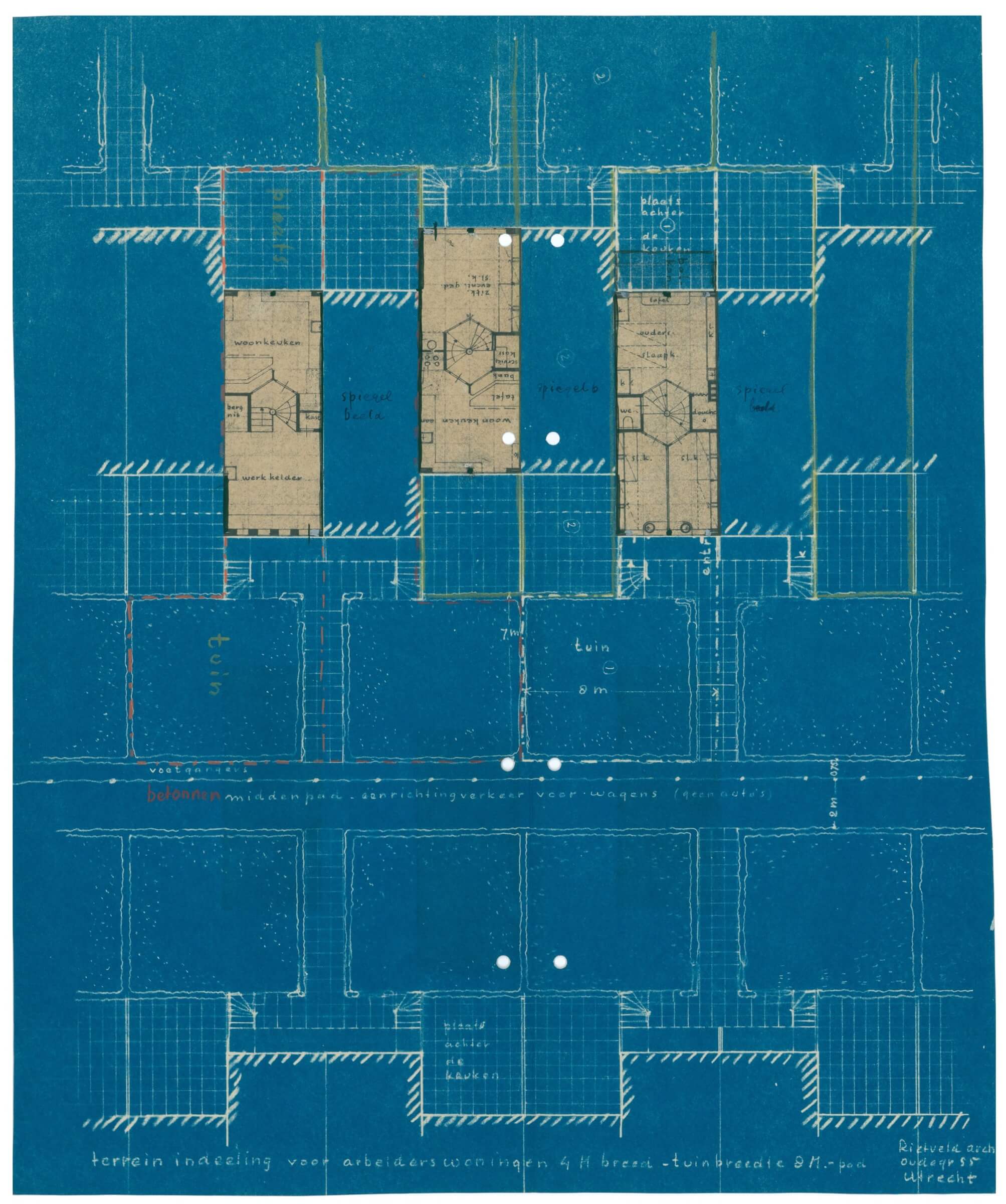 Diazotypes and blueprints were sometimes combined in one design drawing. Rietveld cut out the wet room (bathroom and kitchen) floor plans from diazotypes and pasted them onto this blueprint, creating a mixture of two photoreproduction processes… 