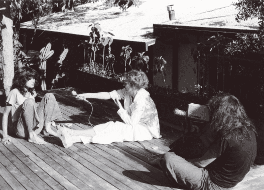 Making of Delphine Seyrig's video "Be Beautiful and Shut Up!" (Sois belle et tais-toi!):  Delphine Seyrig and Carole Roussopoulos interviewing Maria Schneider, 1976, courtesy: Archives Seyrig. 