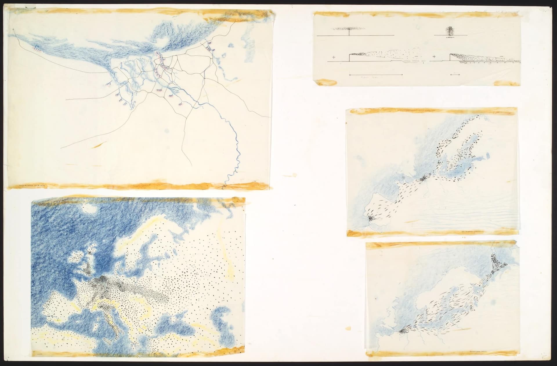 P. Gonggrijp. Europa, delta, vogels, mensen, industrie. Tekeningen afstudeerproject TH Delft, 1969. Collectie Het Nieuwe Instituut, GONG 1  