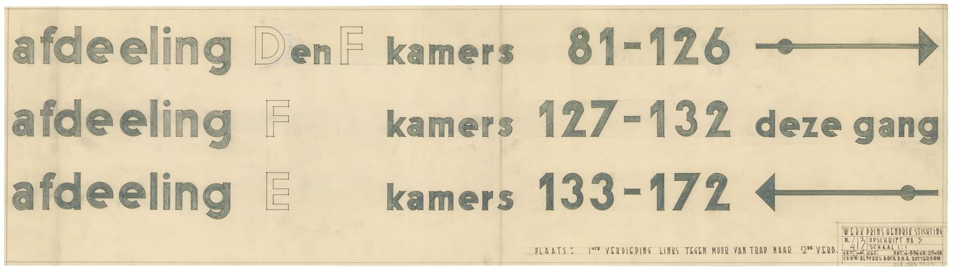  C. Elffers, Bewegwijzering van tehuis voor bejaarde zeelieden, Egmond aan Zee, 1936 Opdrachtgever: Vereeniging de Prins Hendrik Stichting. Collectie Het Nieuwe Instituut, ELFF 1.80t13 