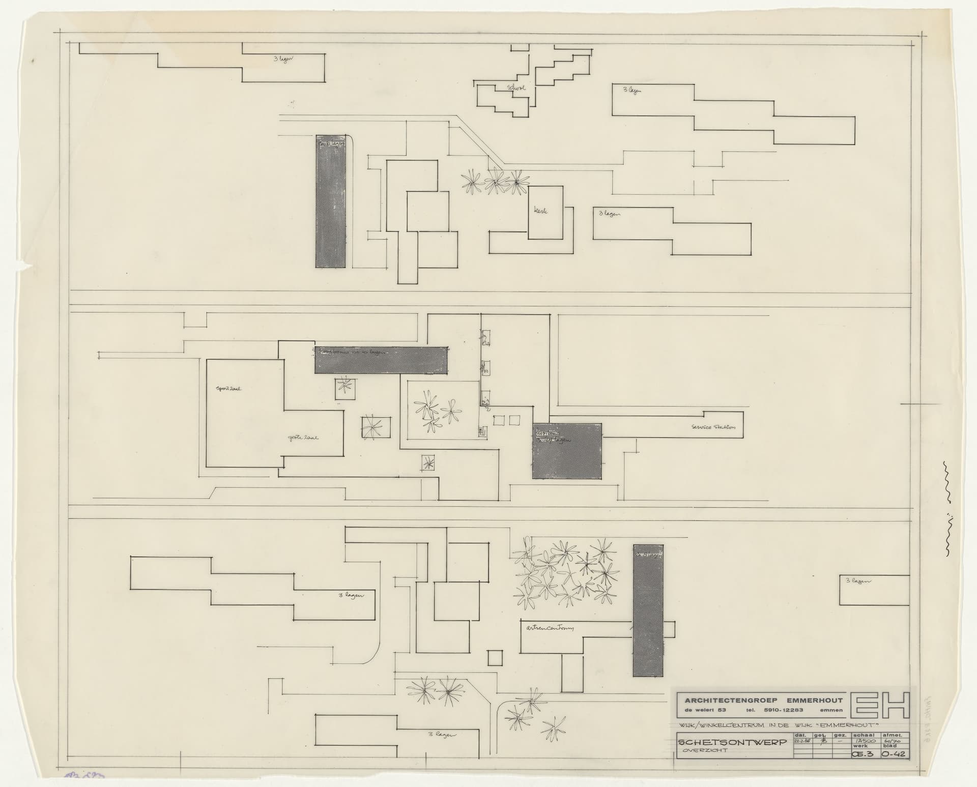 Sketch design by Architectengroep Emmerhout, with two types of gridded Zips to define different functions of a shopping centre in Emmerhout, 1968. Collection Het Nieuwe Instituut, archive Architectengroep Emmerhout, EMHO r21.6.  