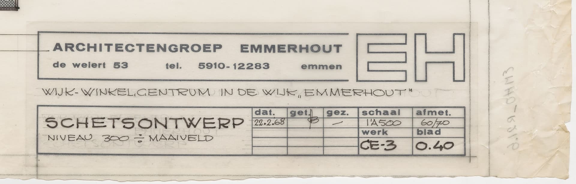 Architectengroep Emmerhout, design sketch for shopping centre, Emmerhout, 1968. Application of a custom-made title block zip with fixed data such as the architect’s name, address and logo. There was also space to write variable data such a… 