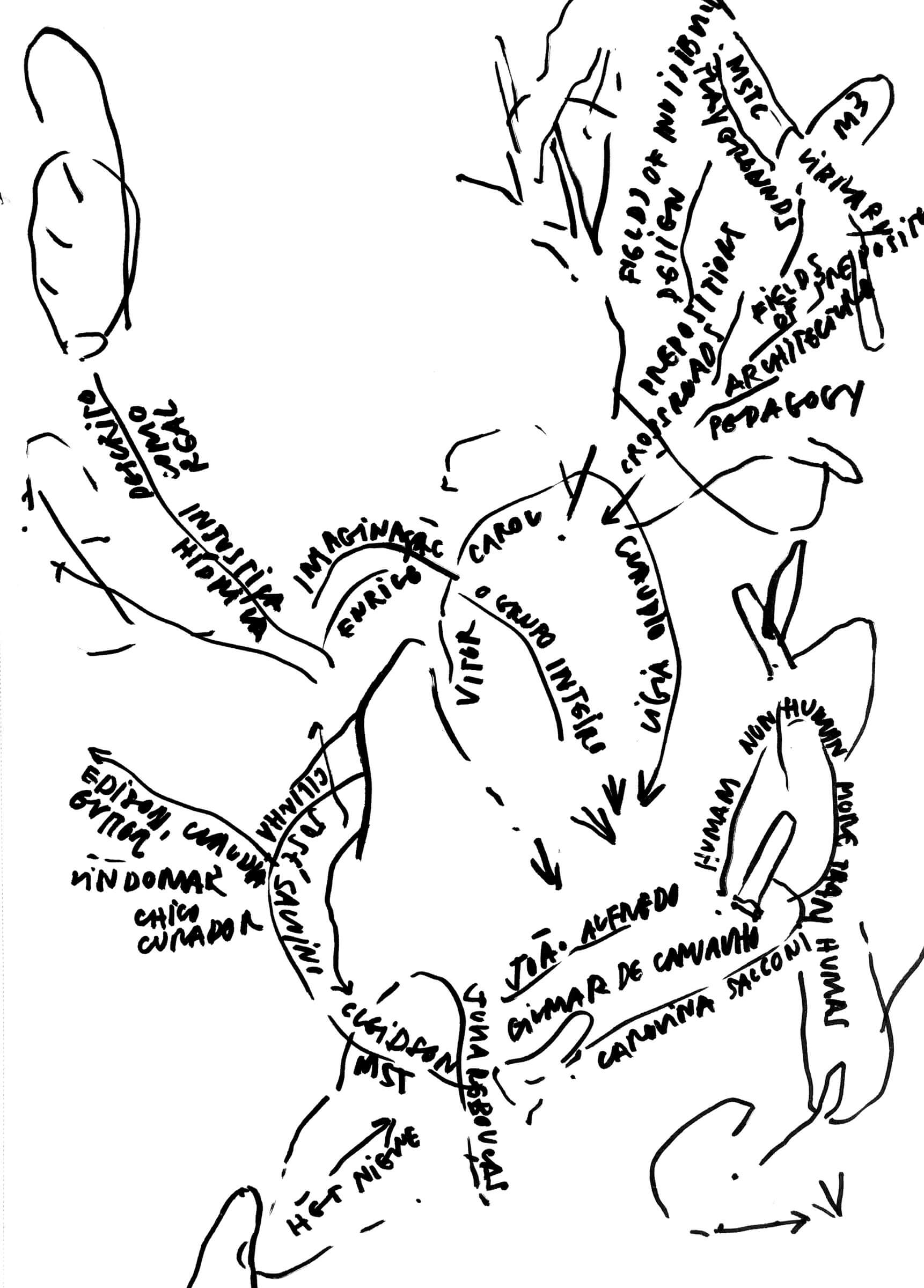 Diagram of O grupo inteiro’s internal and external network and ways of working in May 2021 .  Centre: Carol + Cláudio + Ligia + Vitor: OGI (O Grupo Inteiro).
Centre left: (Vítor + Enrico) + OGI: DNOCS (Research project fellowship Het Nieuwe Ins… 