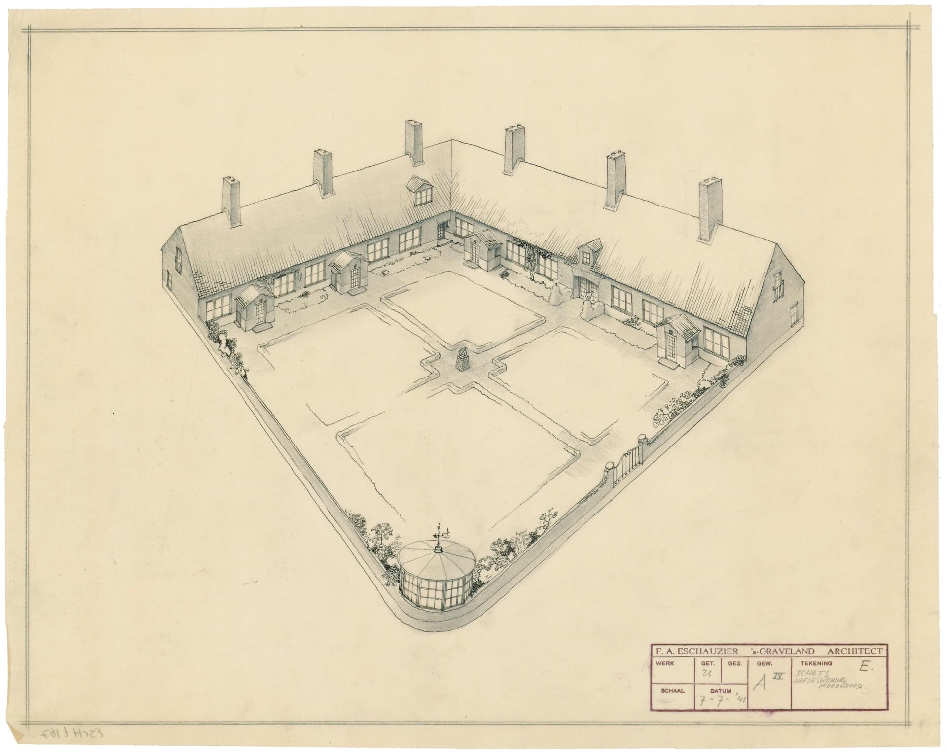  F.A. Eschauzier, Woningen voor bejaarden, Middelburg, 1941. Opdrachtgever: Stichting Herbouw Middelburg. Collectie Het Nieuwe Instituut, ESCH t167-2