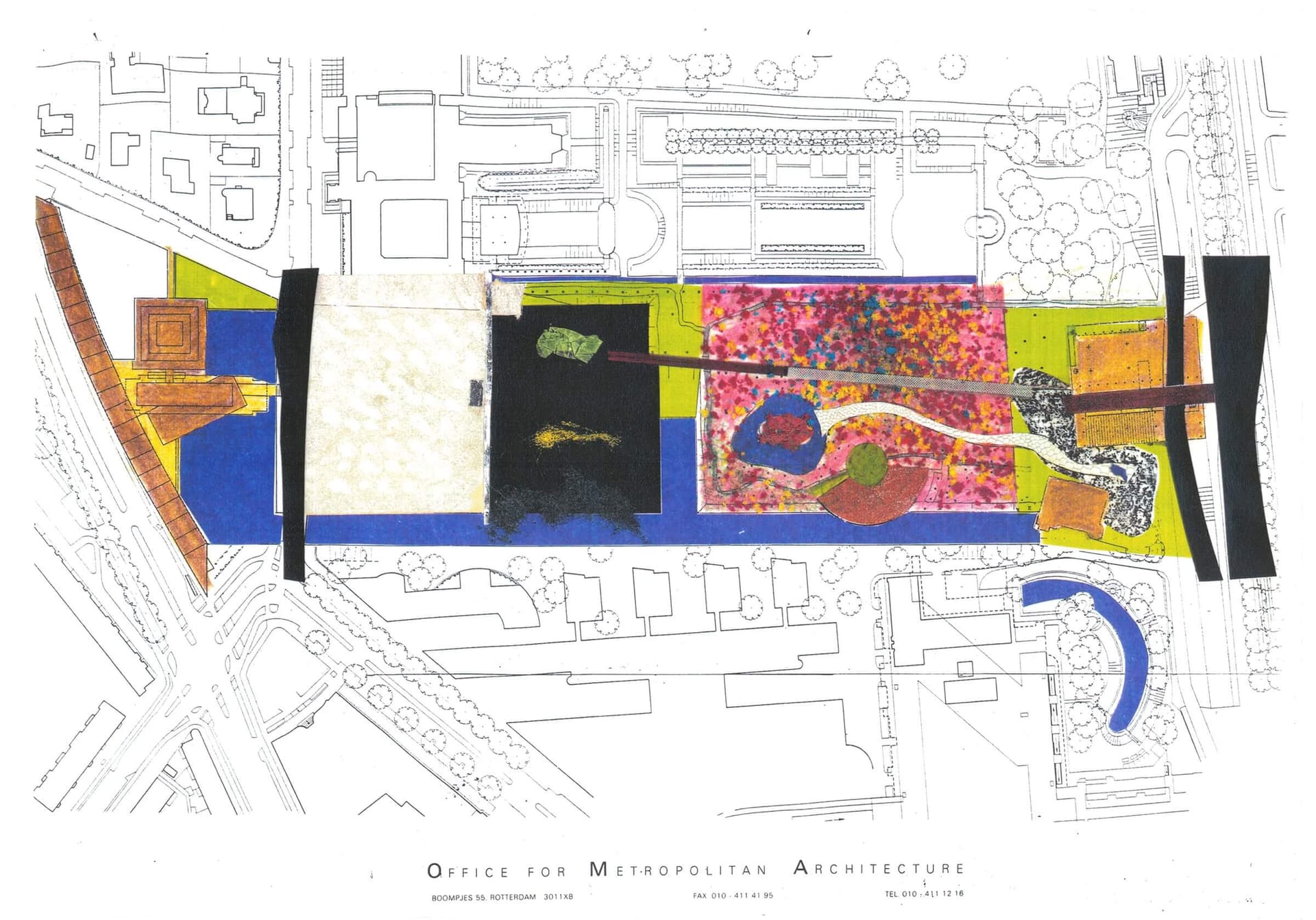 In 1989 werd een start gemaakt met de inrichting van het Museumpark, naar een concept van de Dienst Stadsontwikkeling en uitgewerkt door Rem Koolhaas en de Franse landschapsarchitect Yves Brunier. Tekening uit het archief van OMA, Collecti… 