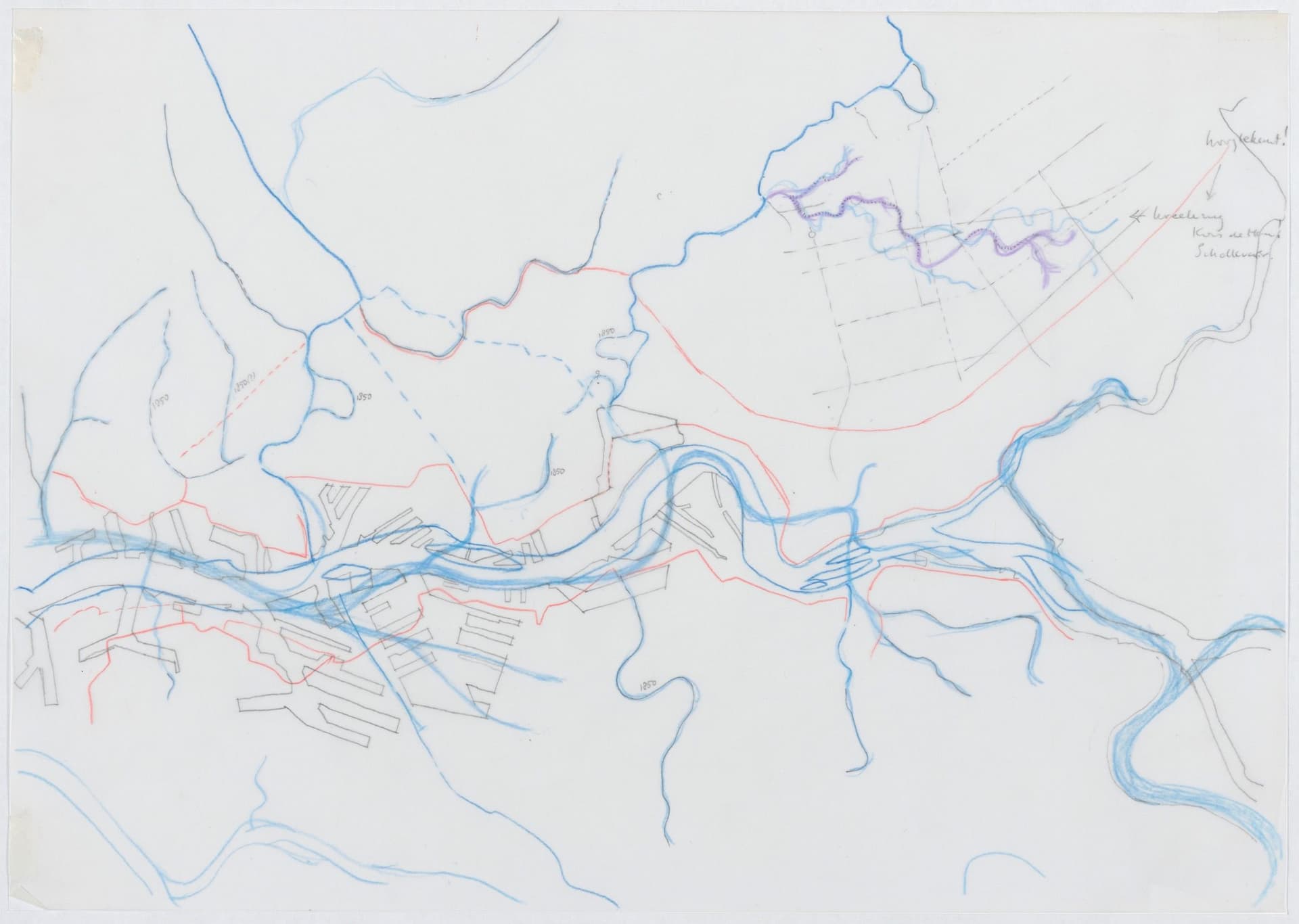 Frits Palmboom. Rotterdam, Verstedelijkt Landschap: Studie van de rivier, waterwegen, kreken en havens van Rotterdam in verschillende tijdsperioden, 1985. Bruikleen Frits Palmboom 