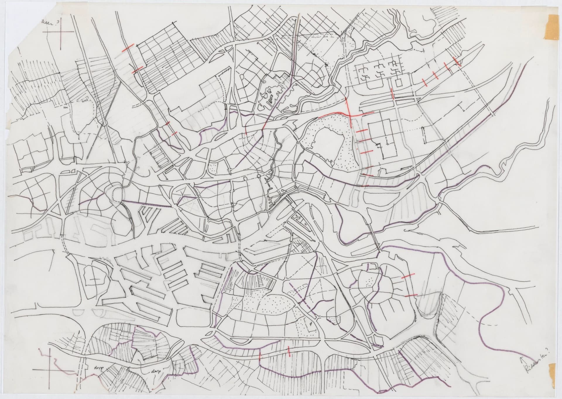 Frits Palmboom. Rotterdam, Verstedelijkt Landschap: Studie van verschillende waterwegen, stratenpatronen en verkavelingsrichtingen, 1985. Bruikleen Frits Palmboom.