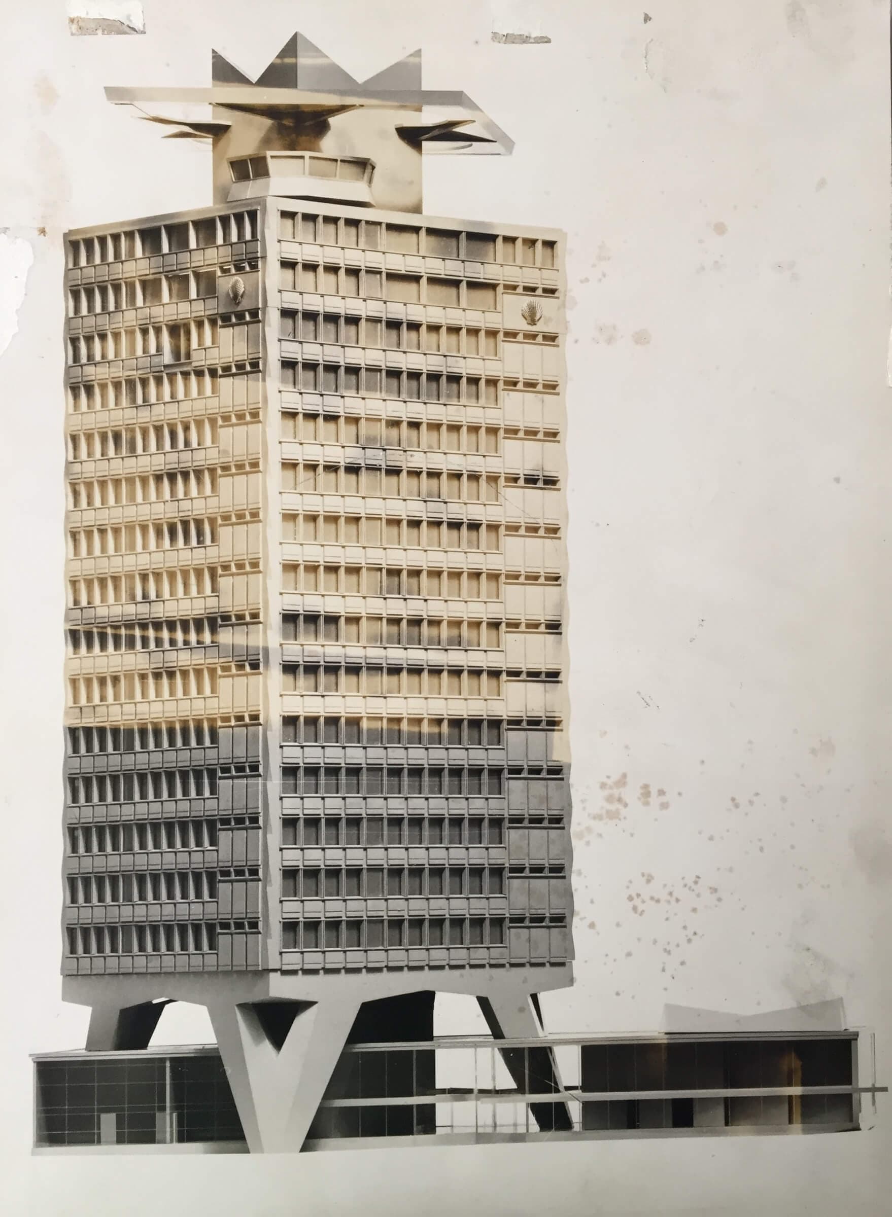 Photograph on hardboard of Shell offices with discolouration caused by glue, 1963-66. Photographer unknown. Collection of Het Nieuwe Instituut, Arthur Staal archive, STAAf5-38 