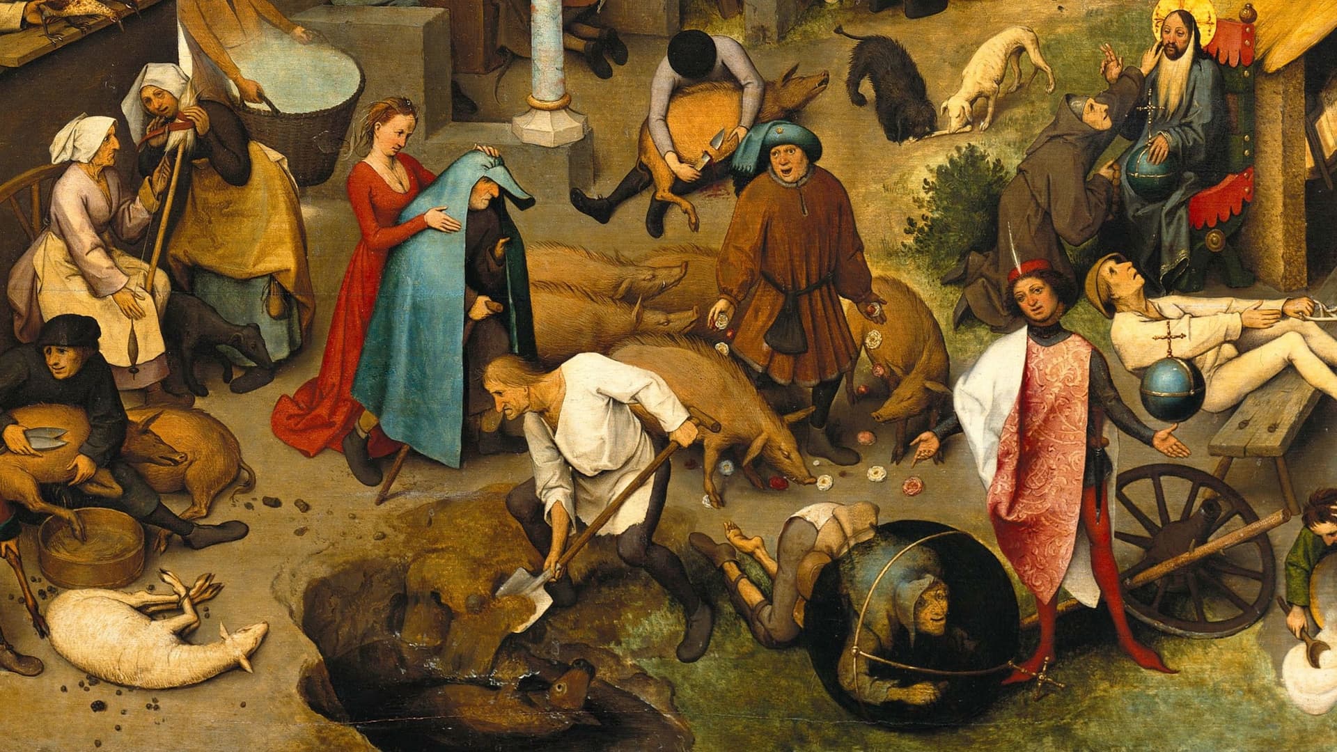 Detail of Pieter Bruegel the Elder, Netherlandish proverbs, either The Blue Huik or The Inverted World, 1559, Staatliche Museen, Berlin. 