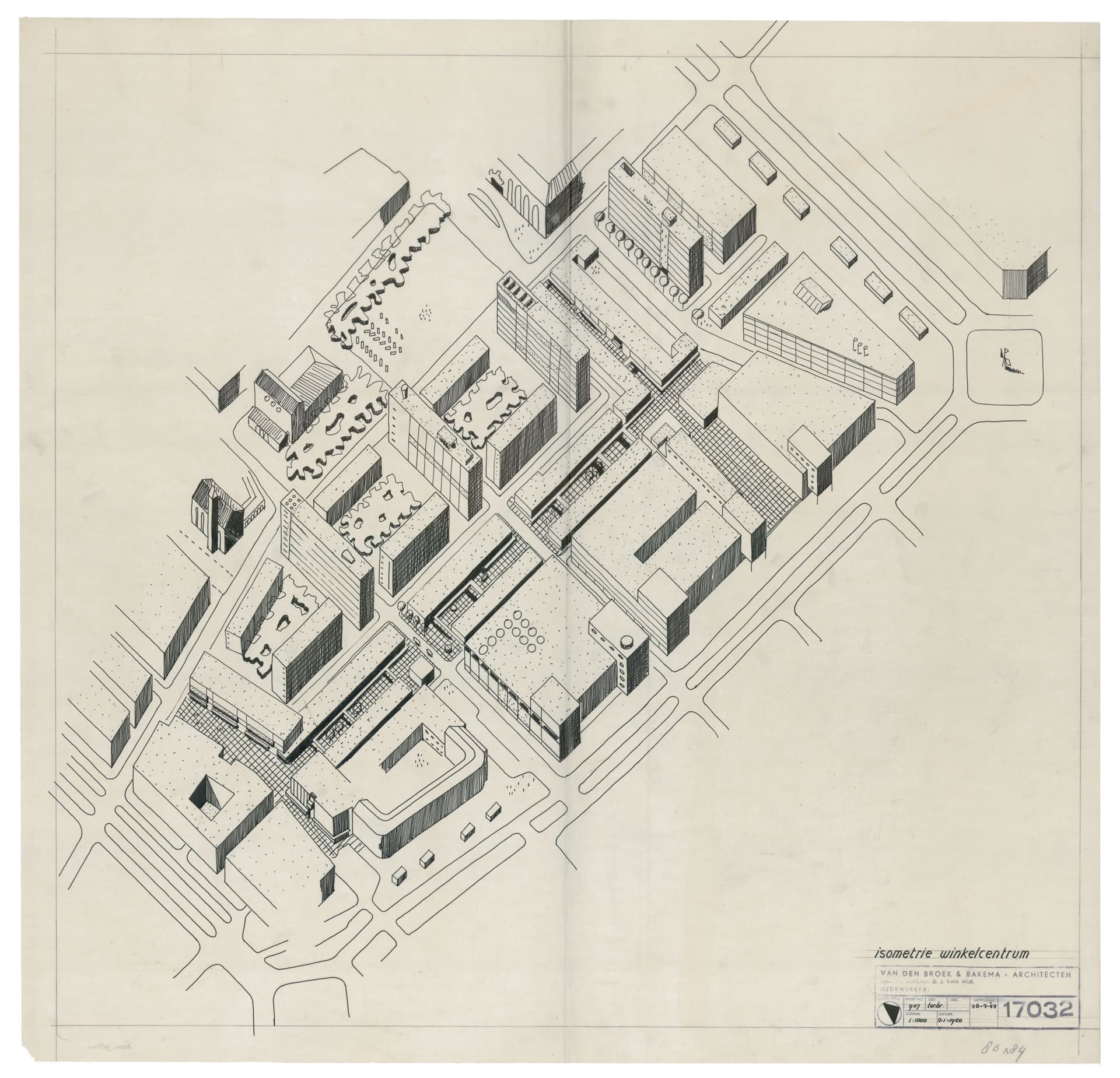  Architectenbureau Van den Broek en Bakema. Lijnbaan, axonometrie, 1952. Collectie Het Nieuwe Instituut BROX 907t4-1. 