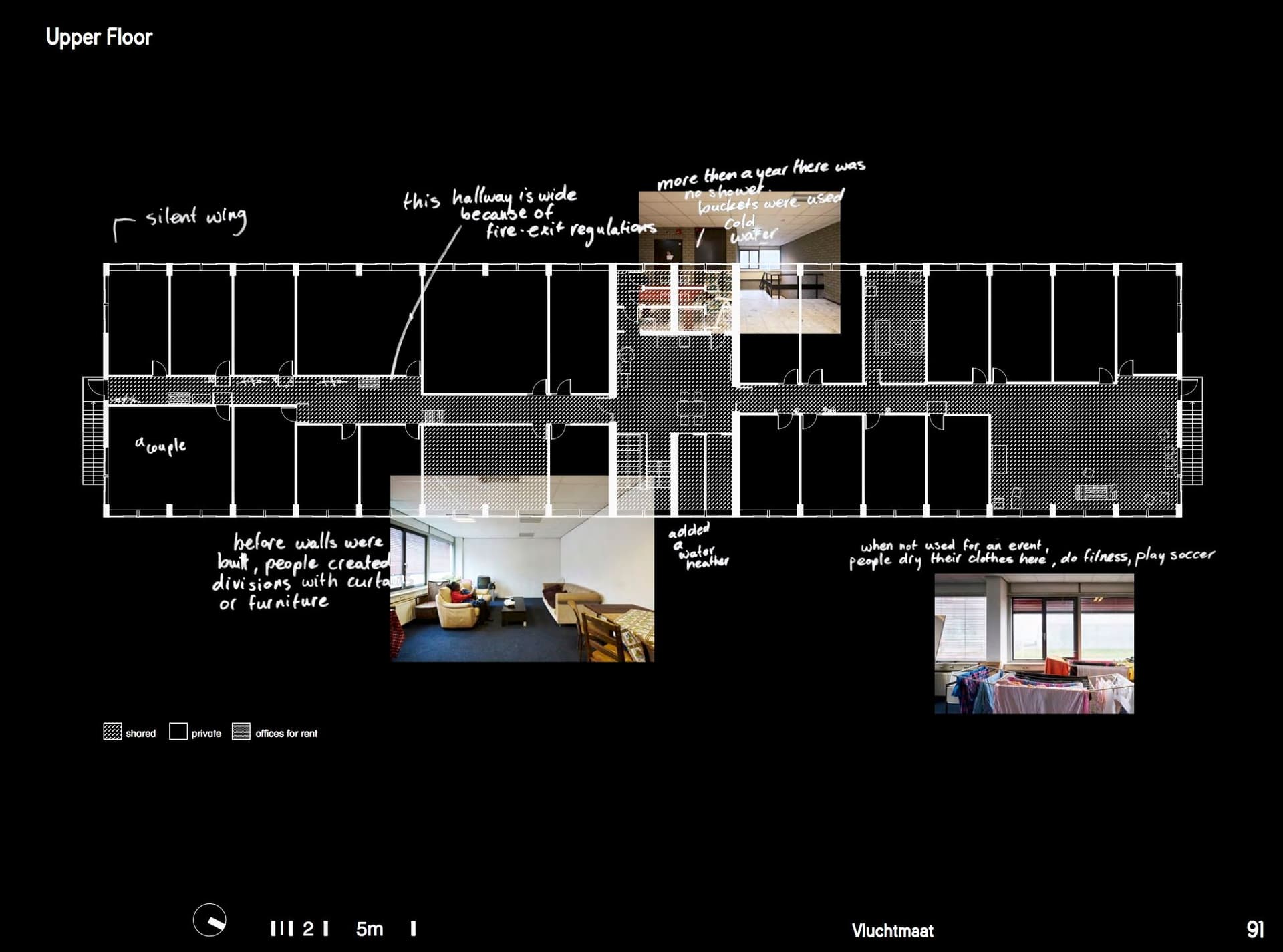  Architecture of Appropriation. On Squatting as Spatial Practice. Collage by Anastasia Kubrak, floorplan by Maria Fernanda Duarte and Jere Kuzmanic, photography by Johannes Schwartz, with annotations from the community of Vluchtmaat. 
