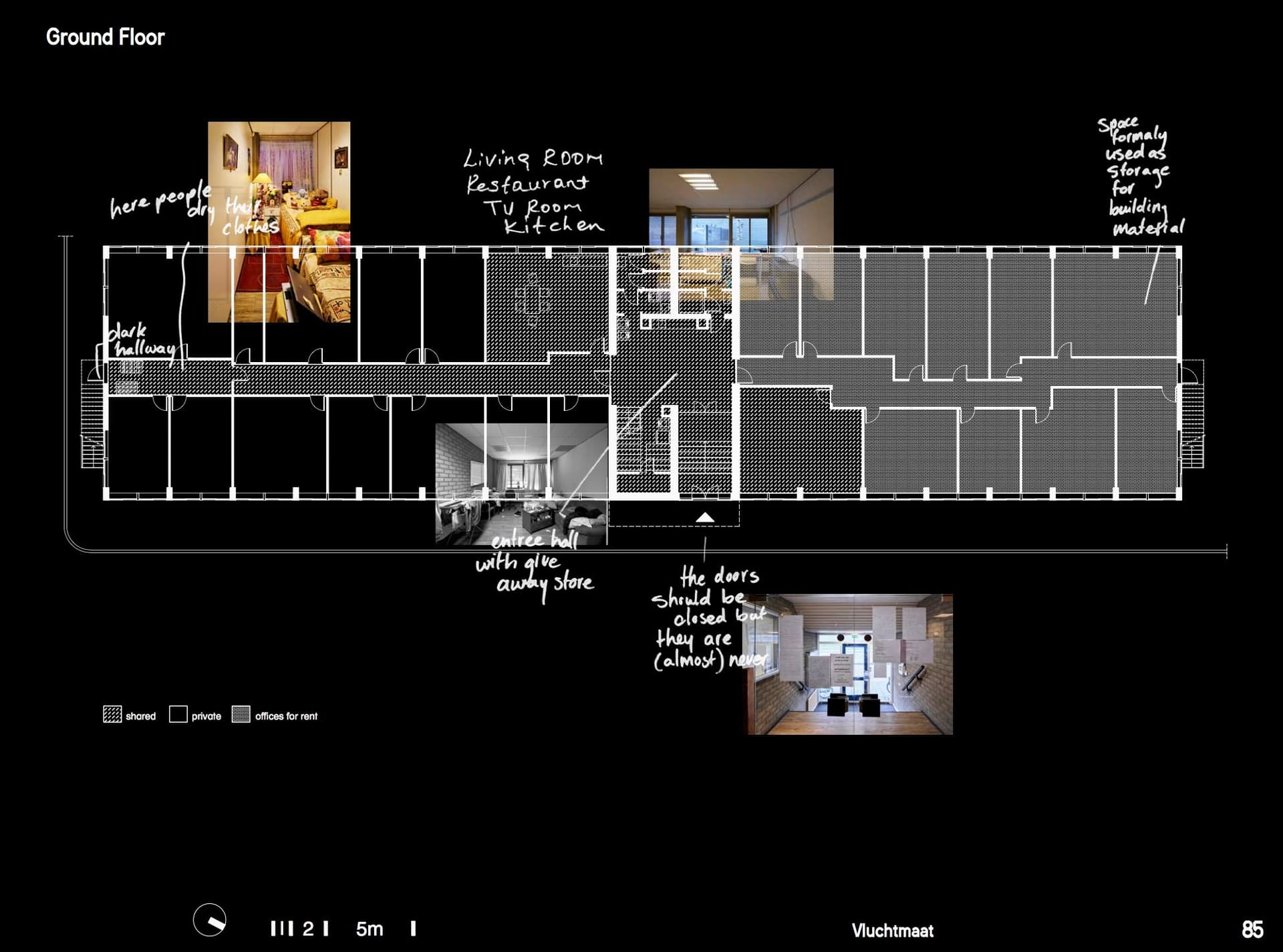  Architecture of Appropriation. On Squatting as Spatial Practice. Collage by Anastasia Kubrak, floorplan by Maria Fernanda Duarte and Jere Kuzmanic, photography by Johannes Schwartz, with annotations from the community of Vluchtmaat. 