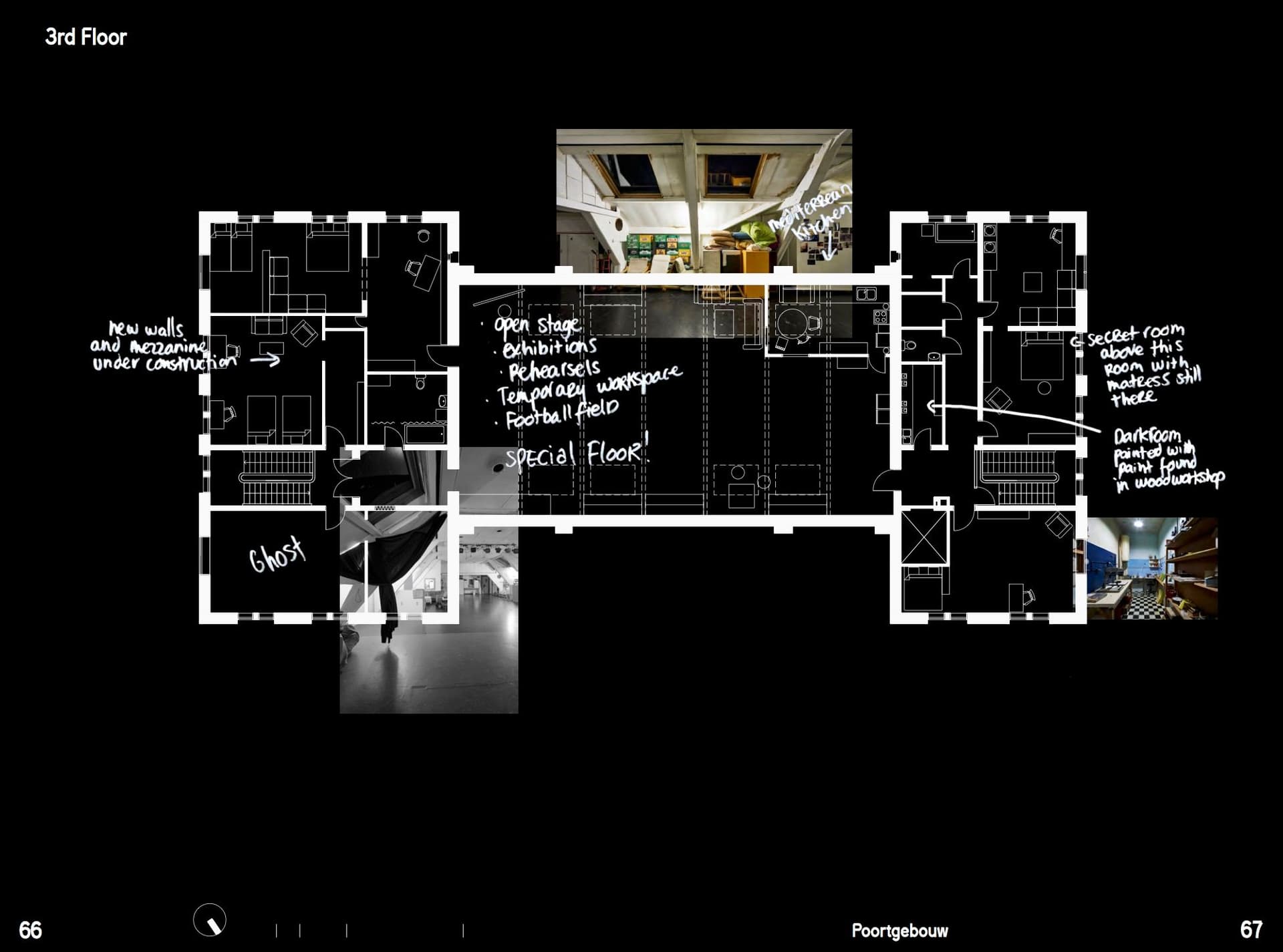  Architecture of Appropriation. On Squatting as Spatial Practice. Collage by Anastasia Kubrak, floorplan by Maria Fernanda Duarte and Jere Kuzmanic, photography by Johannes Schwartz, with annotations from the community of Poortgebouw. 