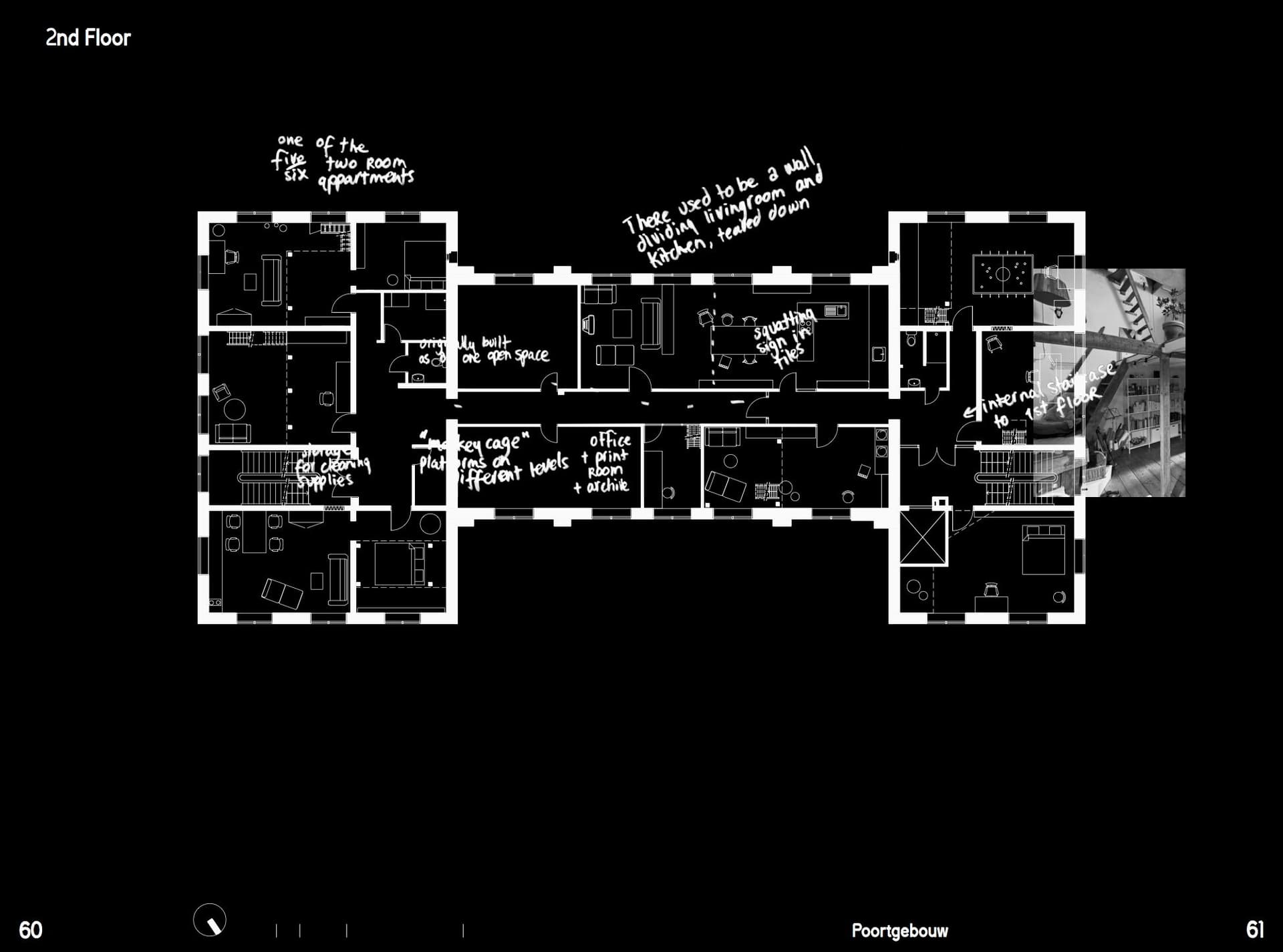  Architecture of Appropriation. On Squatting as Spatial Practice. Collage by Anastasia Kubrak, floorplan by Maria Fernanda Duarte and Jere Kuzmanic, photography by Johannes Schwartz, with annotations from the community of Poortgebouw. 