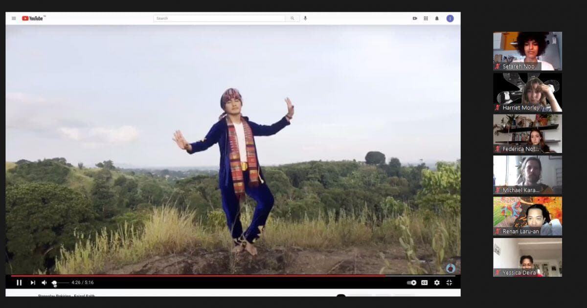 A Collecting Otherwise working group video call. The main window shows a dapper person on a wooded hill.