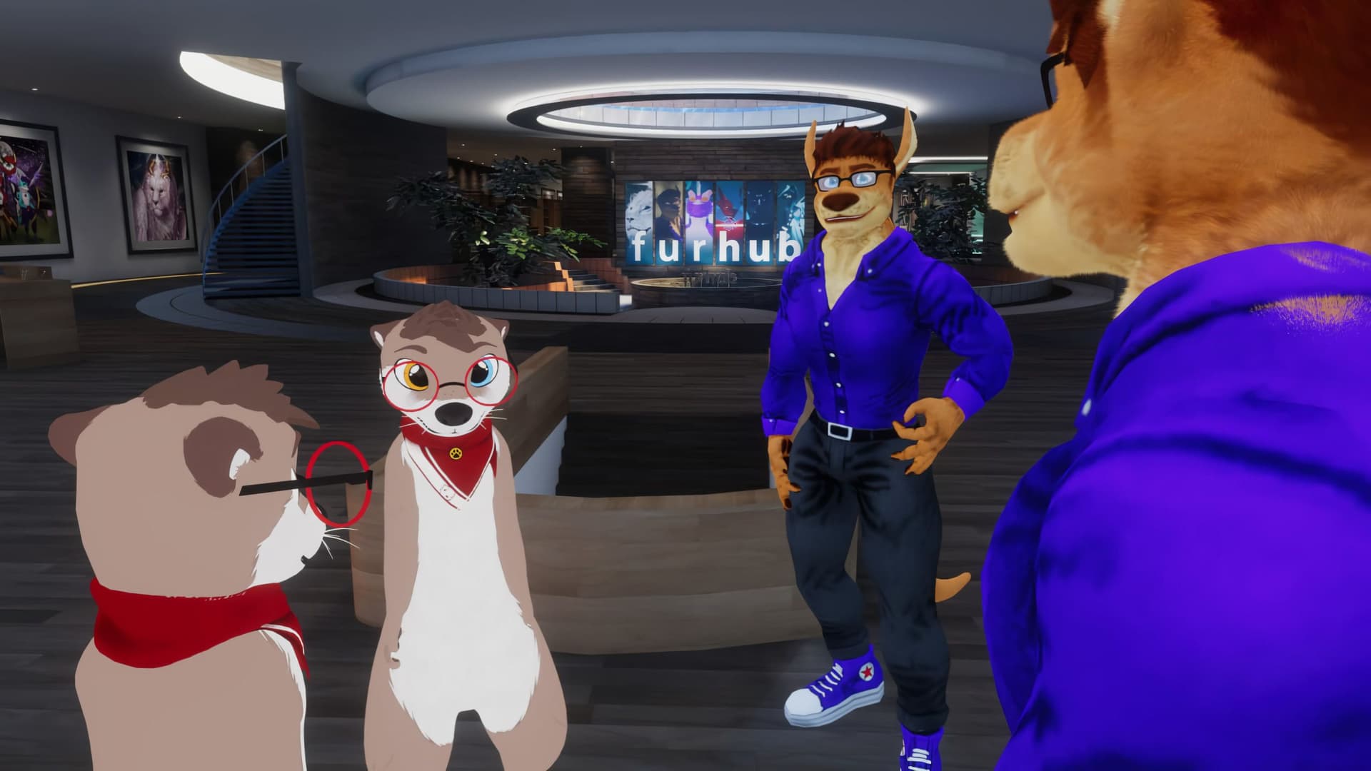Digitale avatars van otter “Awtter” (door shadethebat.art) en kangoeroe “TheDoctor26” (door Kreic) in de virtuele wereld VRChat. Beeldopname door “TheDoctor26”, 2024.