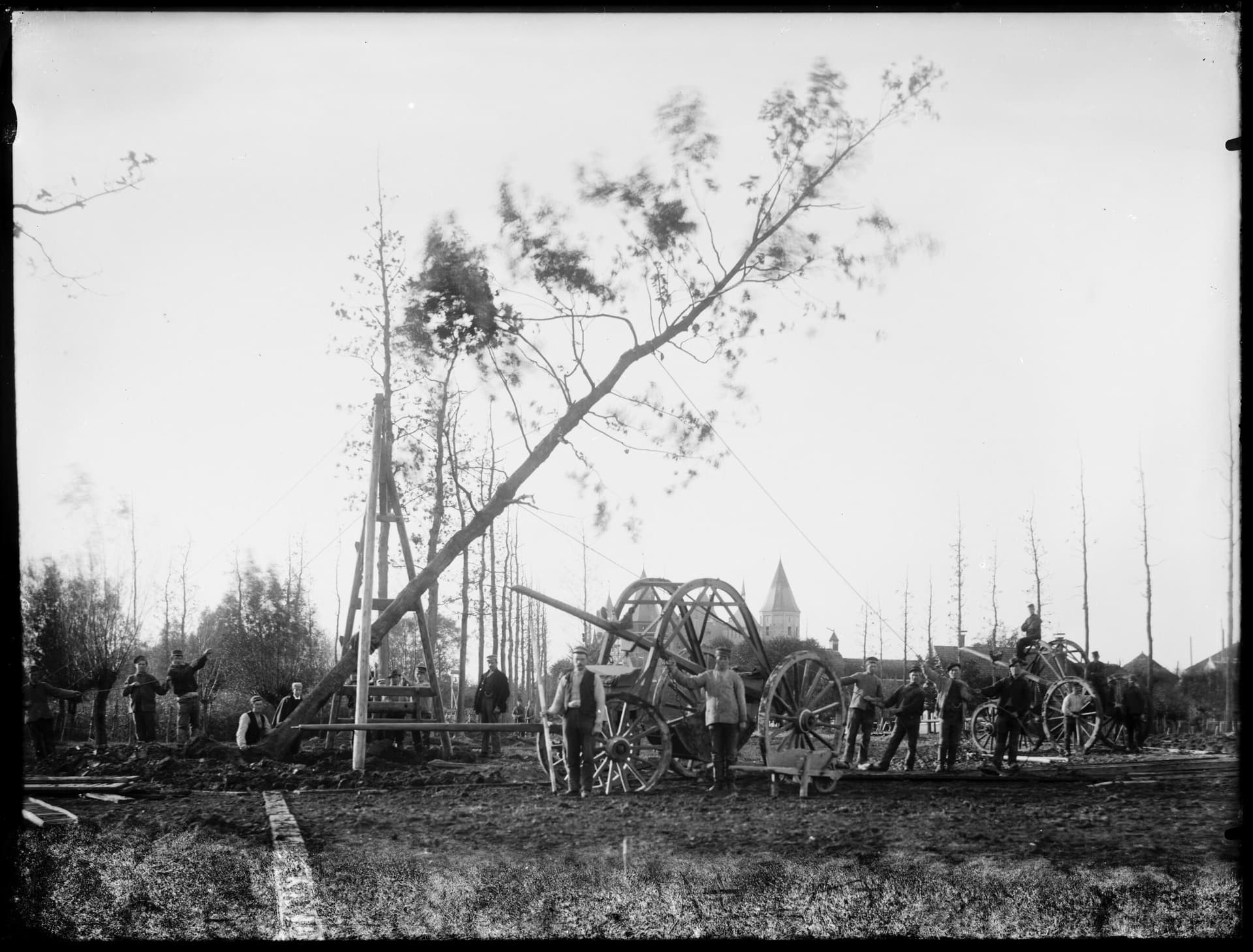 Tuinen en park Kasteel de Haar, het takelen van bomen. Haarzuilens, z.j. Collectie Het Nieuwe Instituut, HAAR n2246 