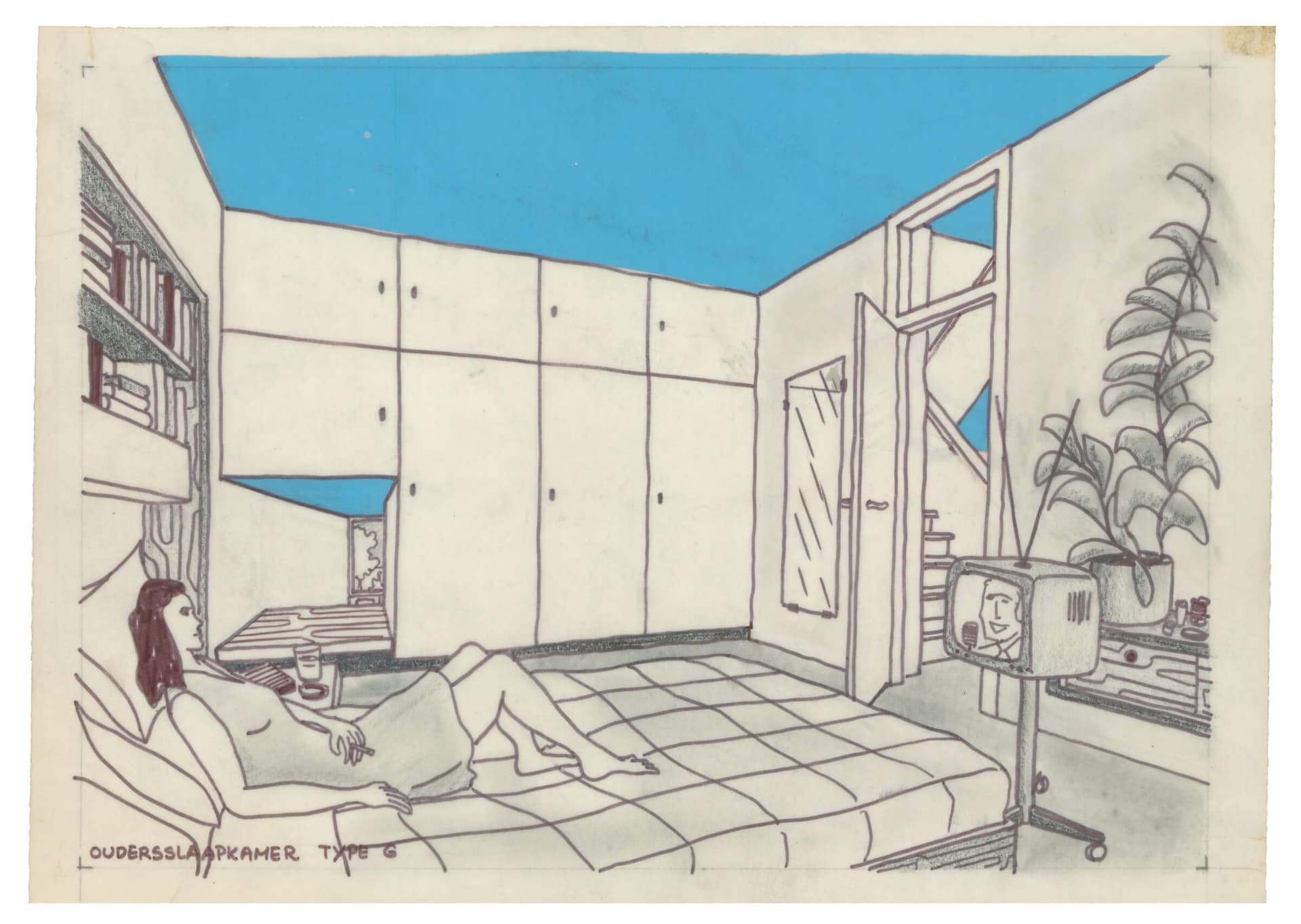 Van den Broek en Bakema, impressie van modern dagelijks leven, tekening gemaakt voor 't Hool, Eindhoven, 1961-72. Collectie Het Nieuwe Instituut, BROX 1307t9-2 