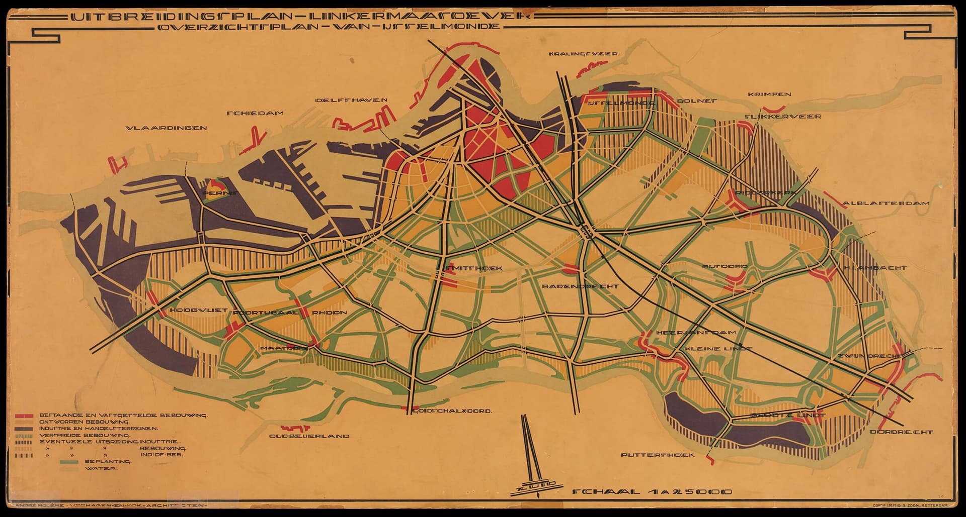 M.J. Granpré-Molière, P. Verhagen, A. J.Th. Kok, Uitbreidingsplan Linker Maas-oever, 1921. In het verlengde van hun ontwerp voor tuindorp Vreewijk ontwierpen Granpré-Molière en Verhagen een regionaal plan voor het eiland IJsselmonde, een van de… 