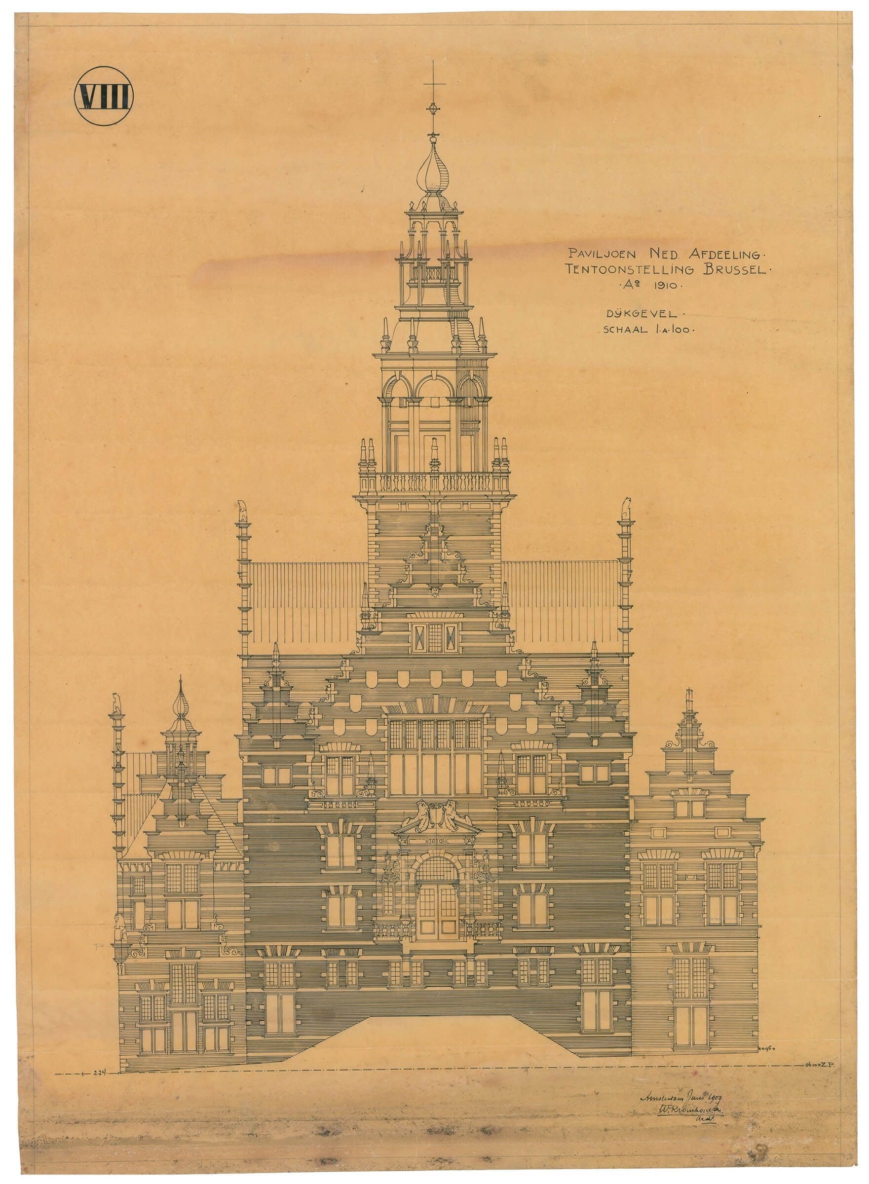 W. Kromhout. Zijaanzicht Nederlands paviljoen Brussel, 1910. Collectie Het Nieuwe Instituut. KROM 44-26 