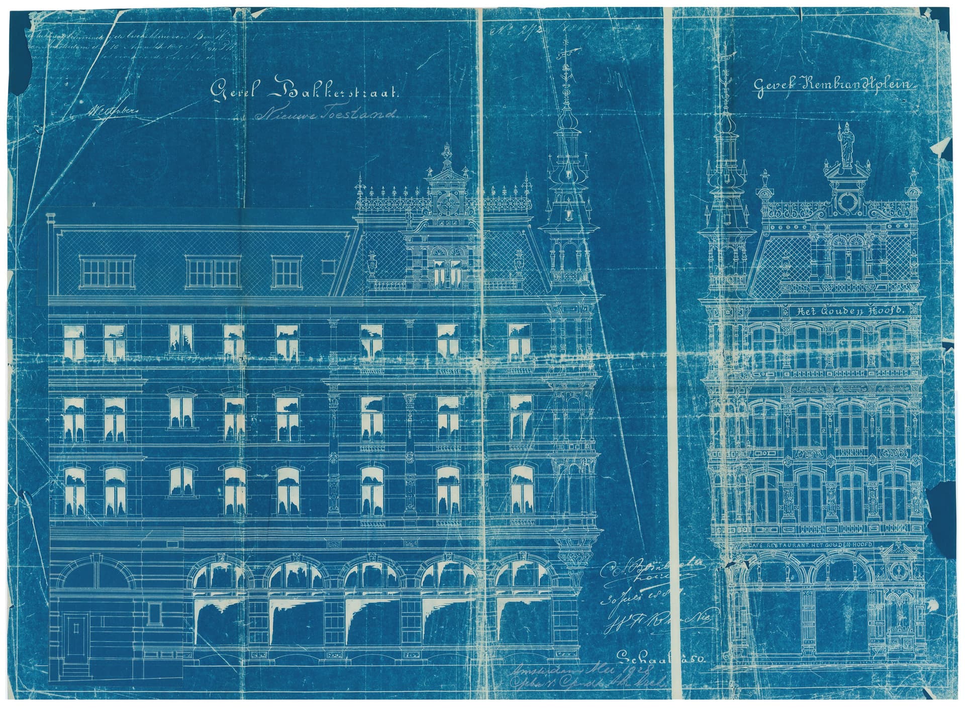 Blueprint from 1928 showing the original design drawing from 1890 by architect C.A. Bombach for the restaurant Het Gouden Hoofd (now Café l’Opera) in Amsterdam. It was renovated in 1928 by Van Gendt architecture office. Van Gendt office. Renova… 