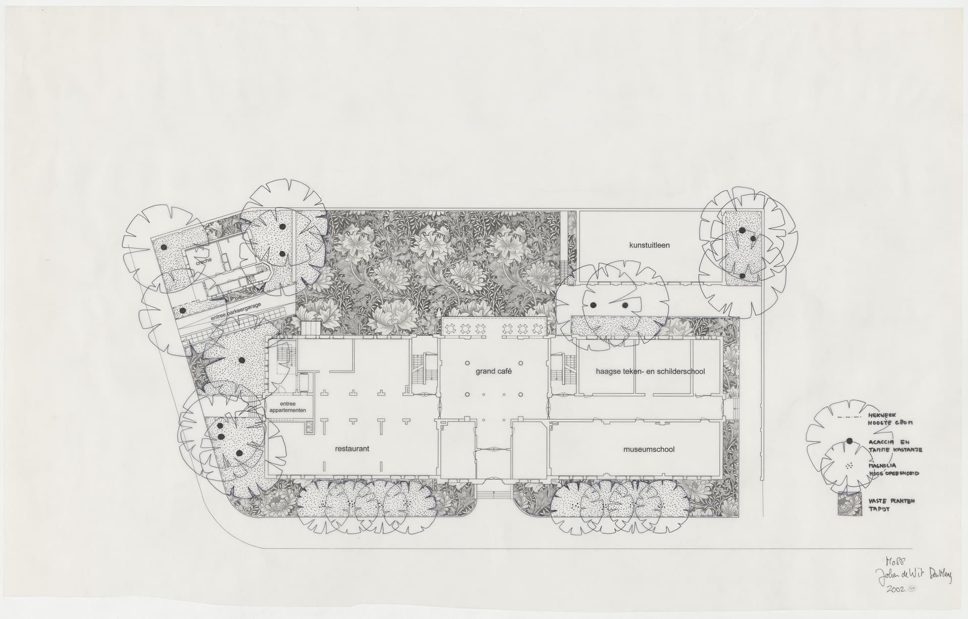 In his designs, Michael van Gessel designed zips to represent plant borders, such as in this garden design for new homes in the former Johan de Wit College, The Hague, 2002. Collection Het Nieuwe Instituut, Michael van Gessel archive, GESS… 