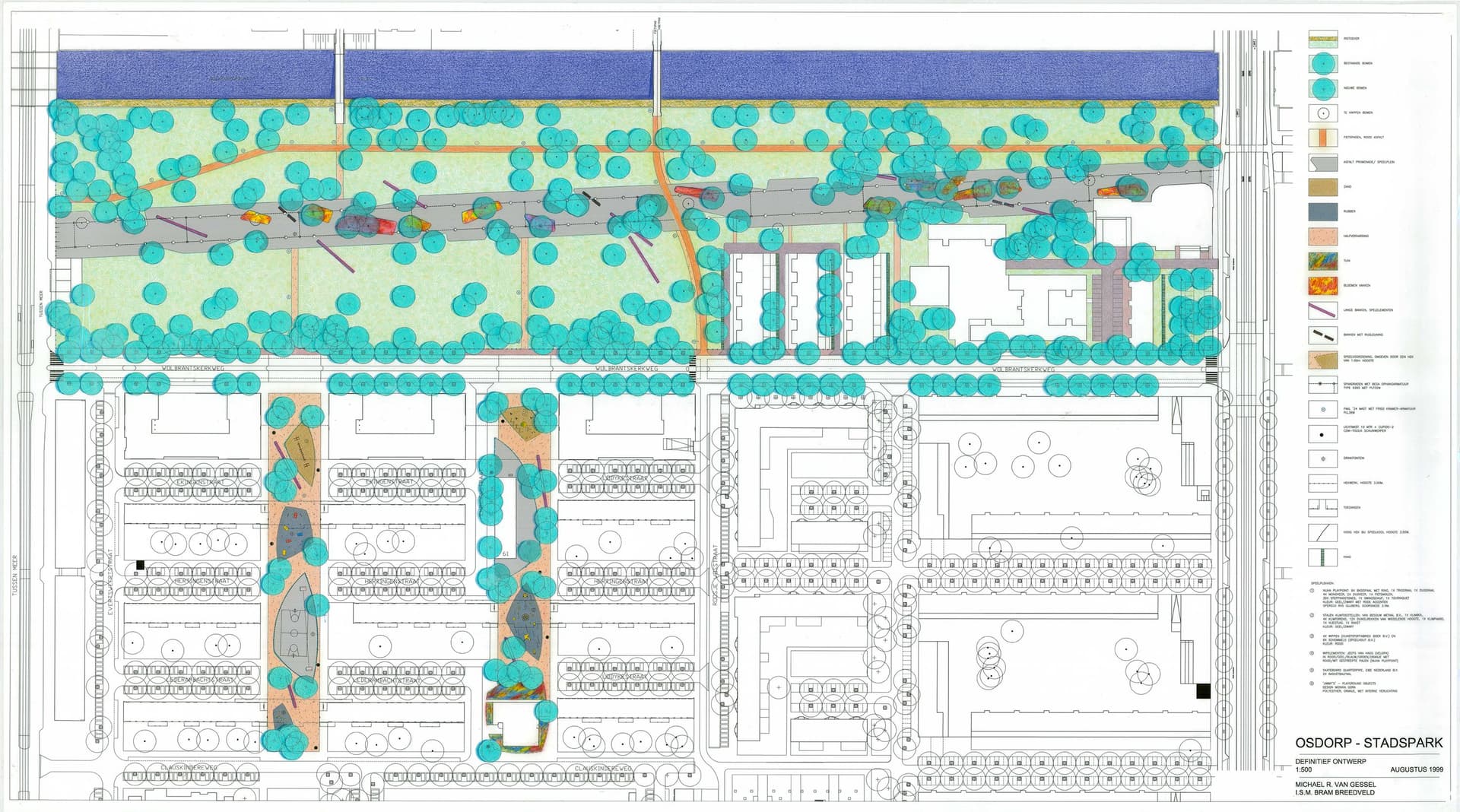 Dit definitieve ontwerp voor een stadspark bestaat uit meerdere gereproduceerde lagen, die niet precies te definiëren zijn. Waarschijnlijk is het een stapeling van een gereproduceerde zwart-wit onderlegger, met hierop ingetekend in kleur het pa… 