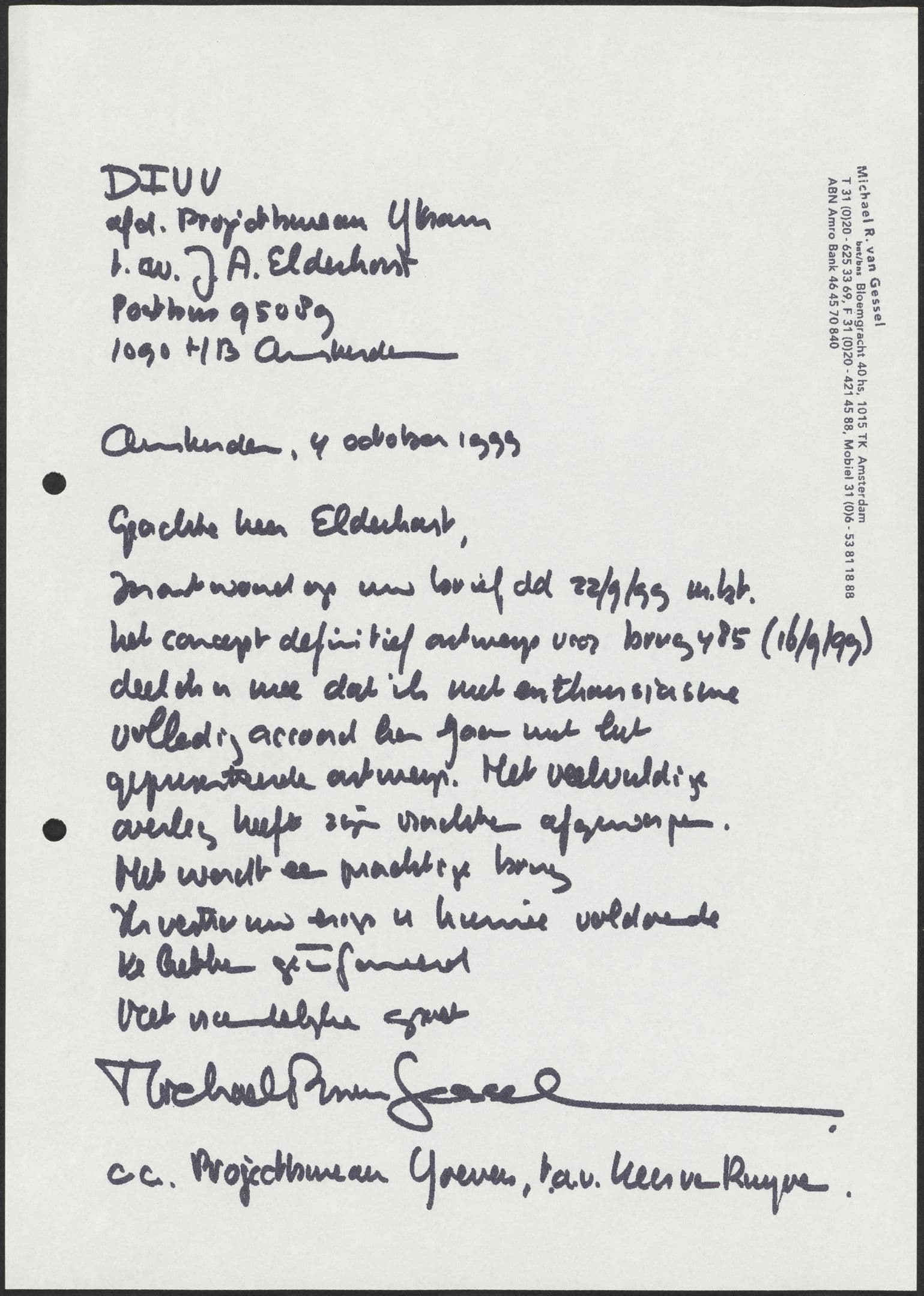 Michael van Gessel, letter to J.A. Elderhorst with ‘full agreement with the presented design’ of the bridge on the southern bank of the IJ, Amsterdam, 1999. Collection Nieuwe Instituut, GESS m027-3 