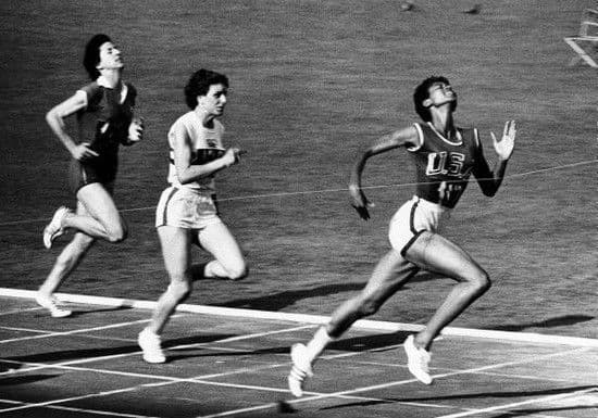 Wilma Rudolph wins 100m at 1960 Rome Olympic Games. Wikimedia Commons.  