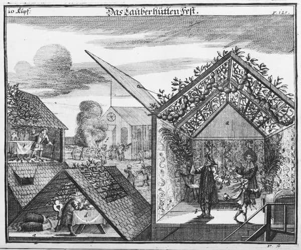 An engraving of elaborate rooftop sukkahs built by the Sephardic community in Amsterdam, likely illustrated by Johann Georg Puschner and published in Jüdisches Ceremoniel by Paul Christian Kirchner (a later edition would be extensively edited by…