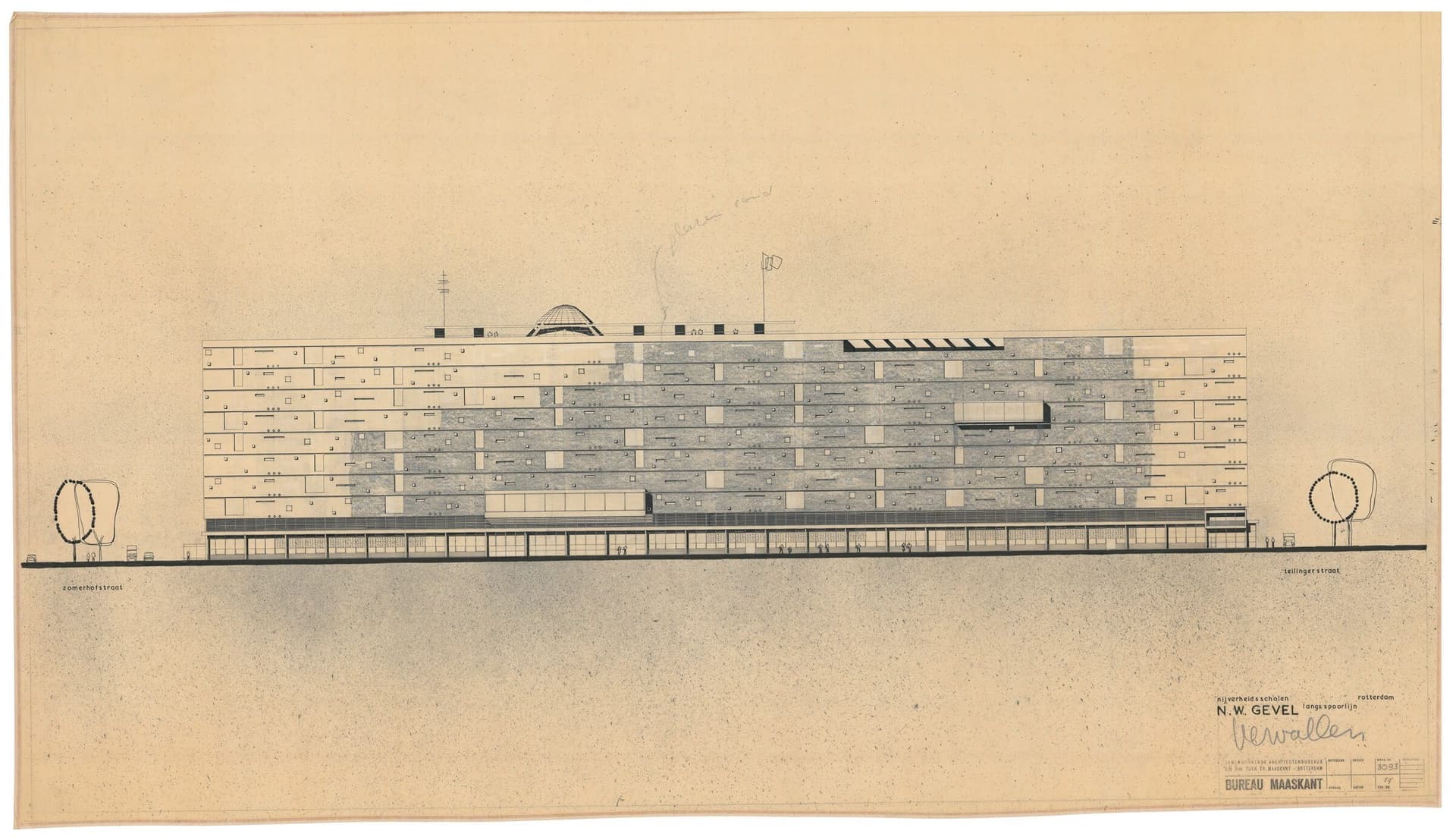 H. Maaskant. Aanzicht van het Technikoncomplex bestaande uit diverse nijverheidsscholen te Rotterdam, 1957-1965. Collectie Het Nieuwe Instituut, MAAX 3093  