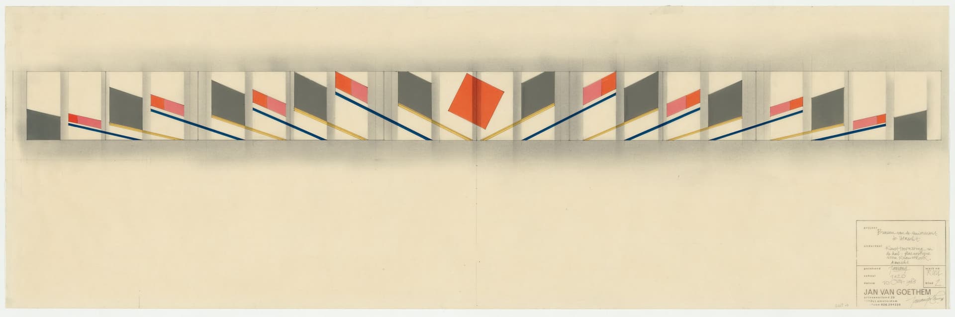 Jan van Goethem, toepassing van meerdere kleuren zips op transparant papier voor een glasdecoratie in een raamstrook van de Universiteit Utrecht, 1983. De zips geven hier het werkelijke kleurenpalet weer van het uit te voeren ontwerp. Collectie… 