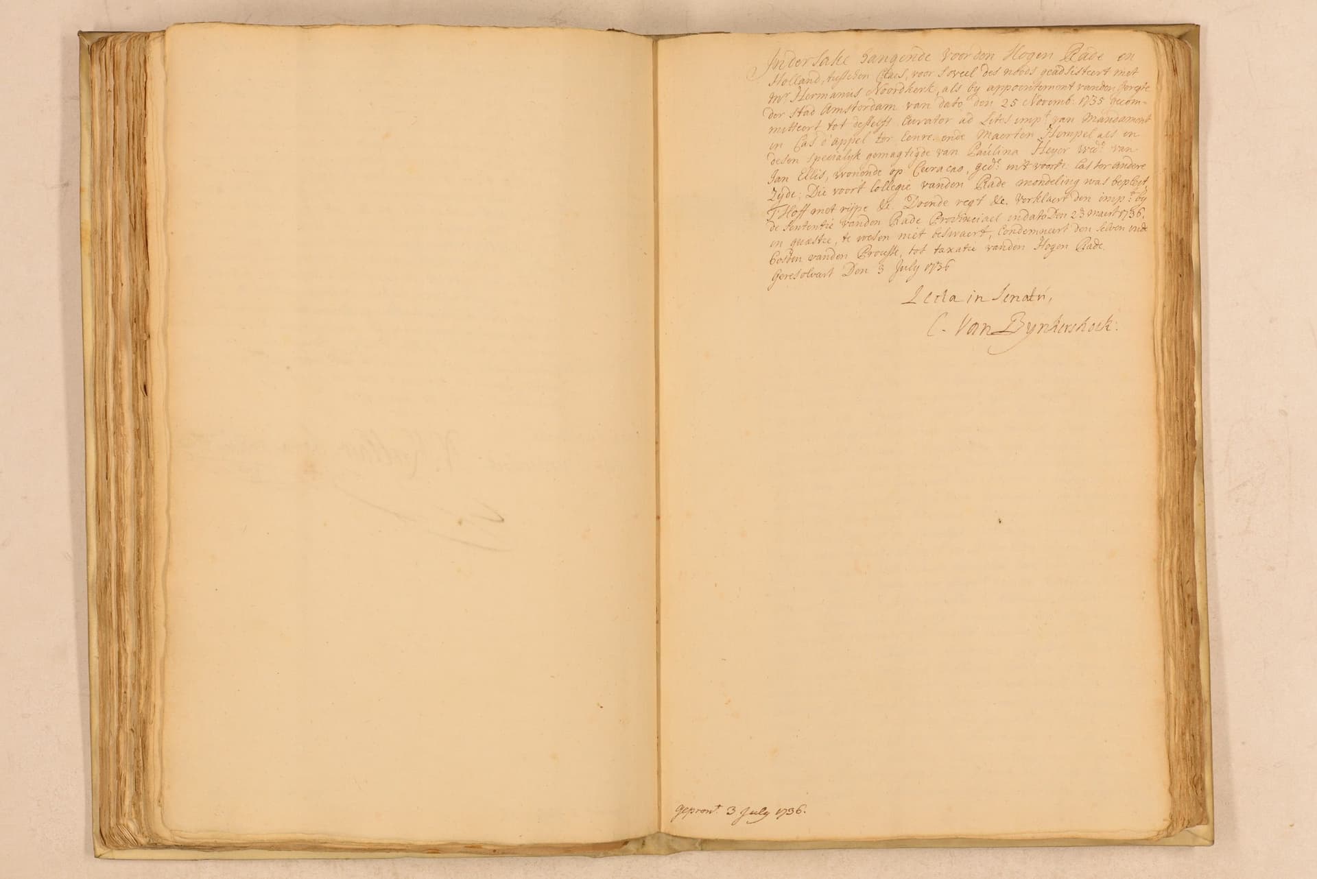 Scan van een uitspraak in de zaak van Claes in 1736, ondertekend door rechter Cornelis van Bynkershoek van de Hoge Raad van Holland en Zeeland. © Geographies of Freedom.