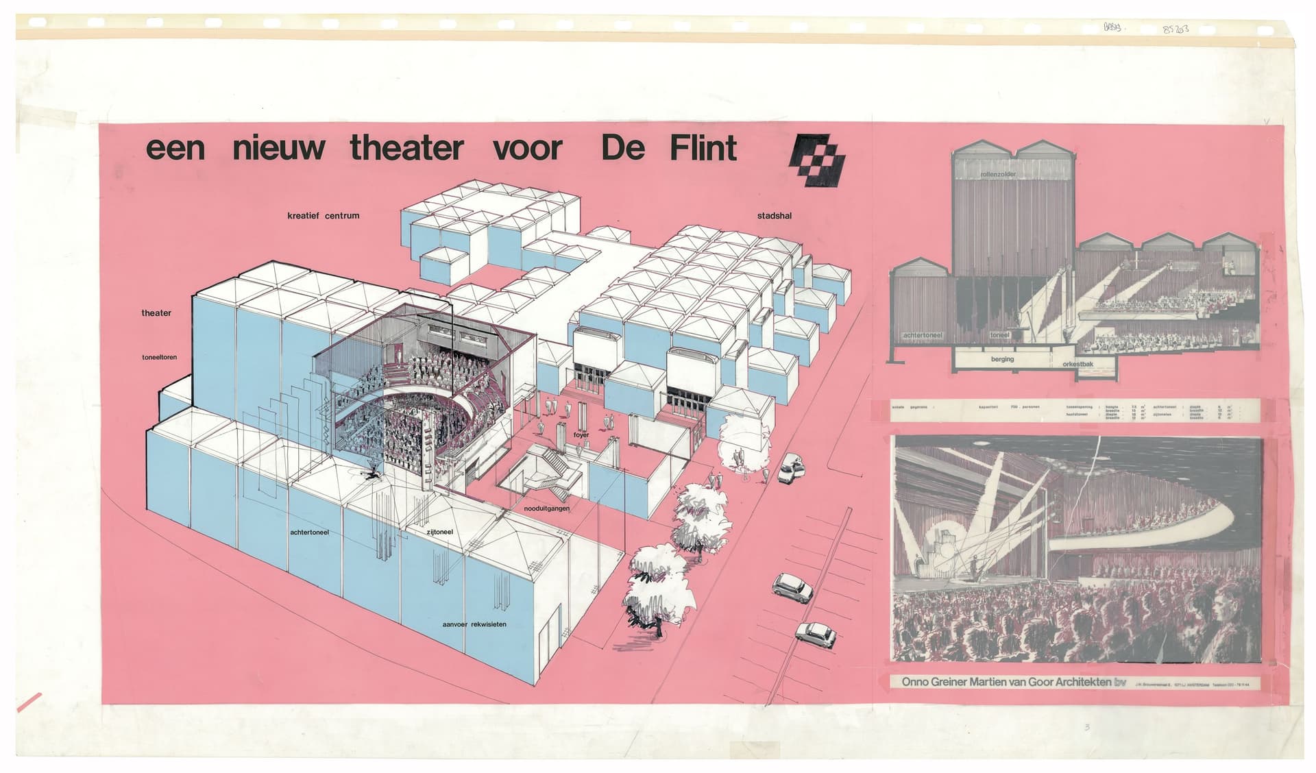 In deze samengestelde visualisatie van Theater De Flint is het tekenwerk bijna geheel vervangen door industriële technieken. Het document bestaat uit opgeplakte en handgetekende interieurontwerpen op transparant die uit een eerdere tekening zij… 