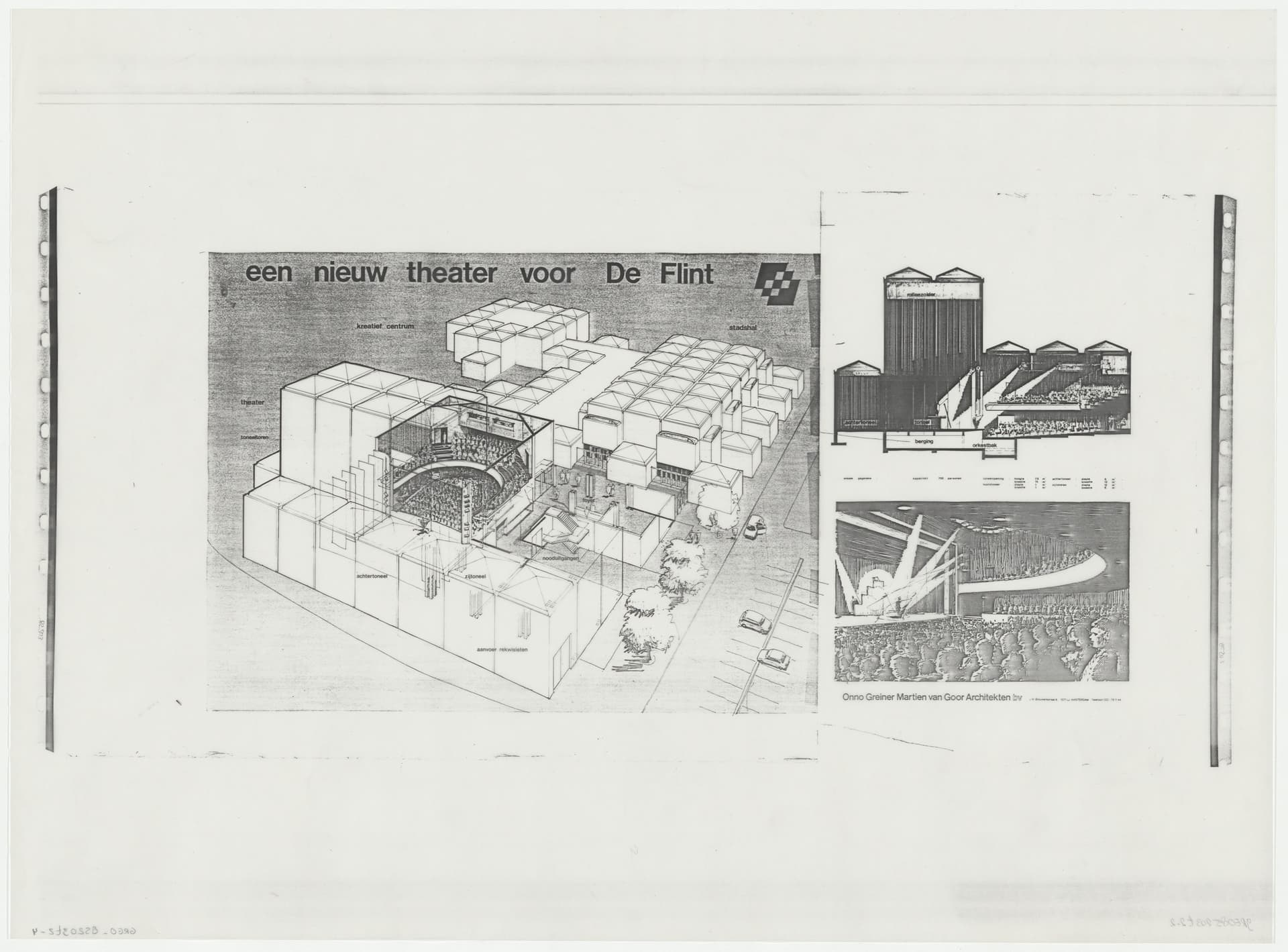 Onno Greiner and Martien van Goor, Theater De Flint, Amersfoort, c.  1975. One of many reproductions created from a transparency with Zips (master file). These enlarged and reduced reproductions from the archive are used for various phases… 