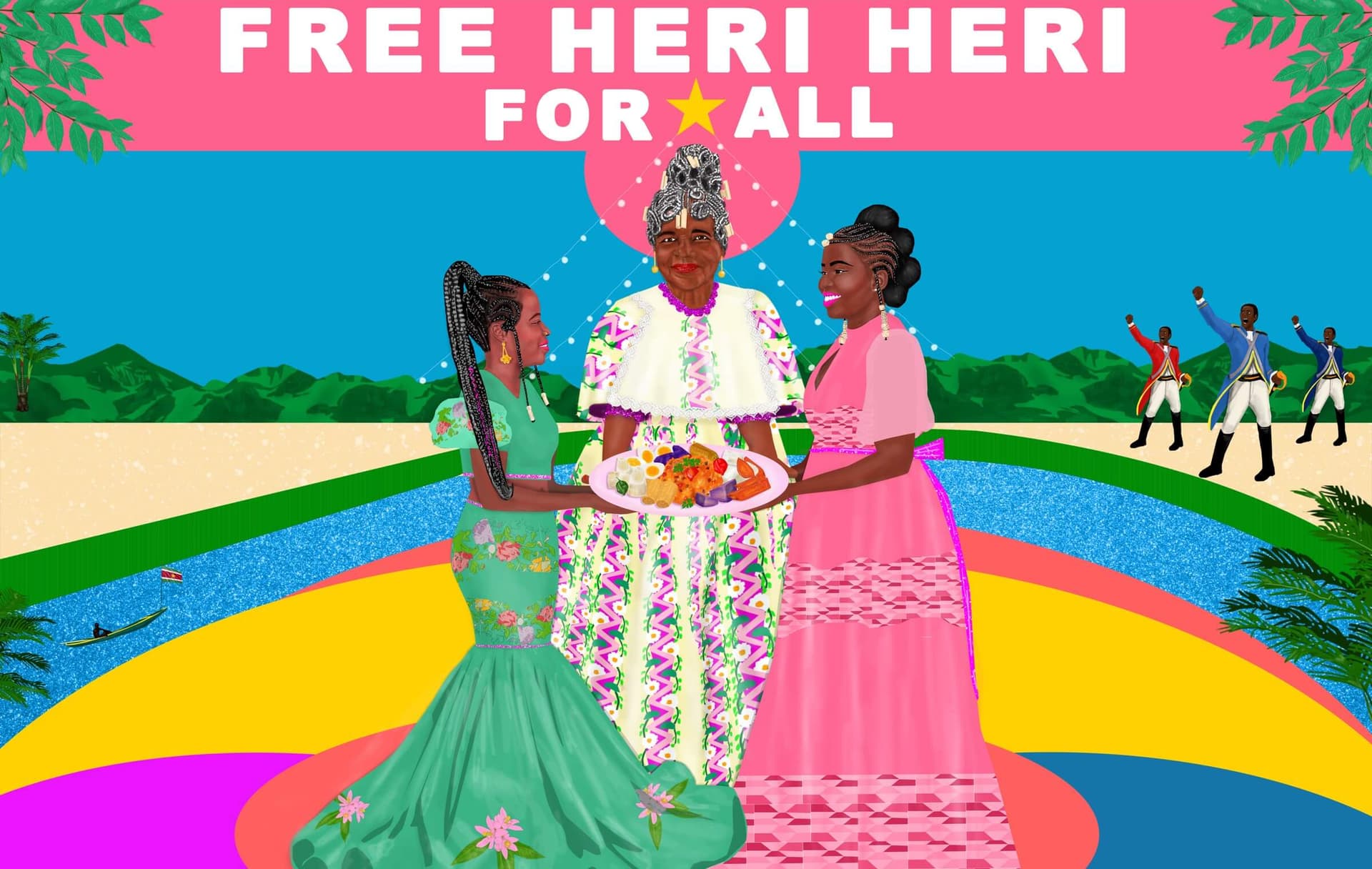 Campagnebeeld voor Free Heri Heri for All 2022 door de Haïtiaans-Amerikaanse kunstenaar en illustrator Lyne Lucien. Met dank aan KIP Republic. 