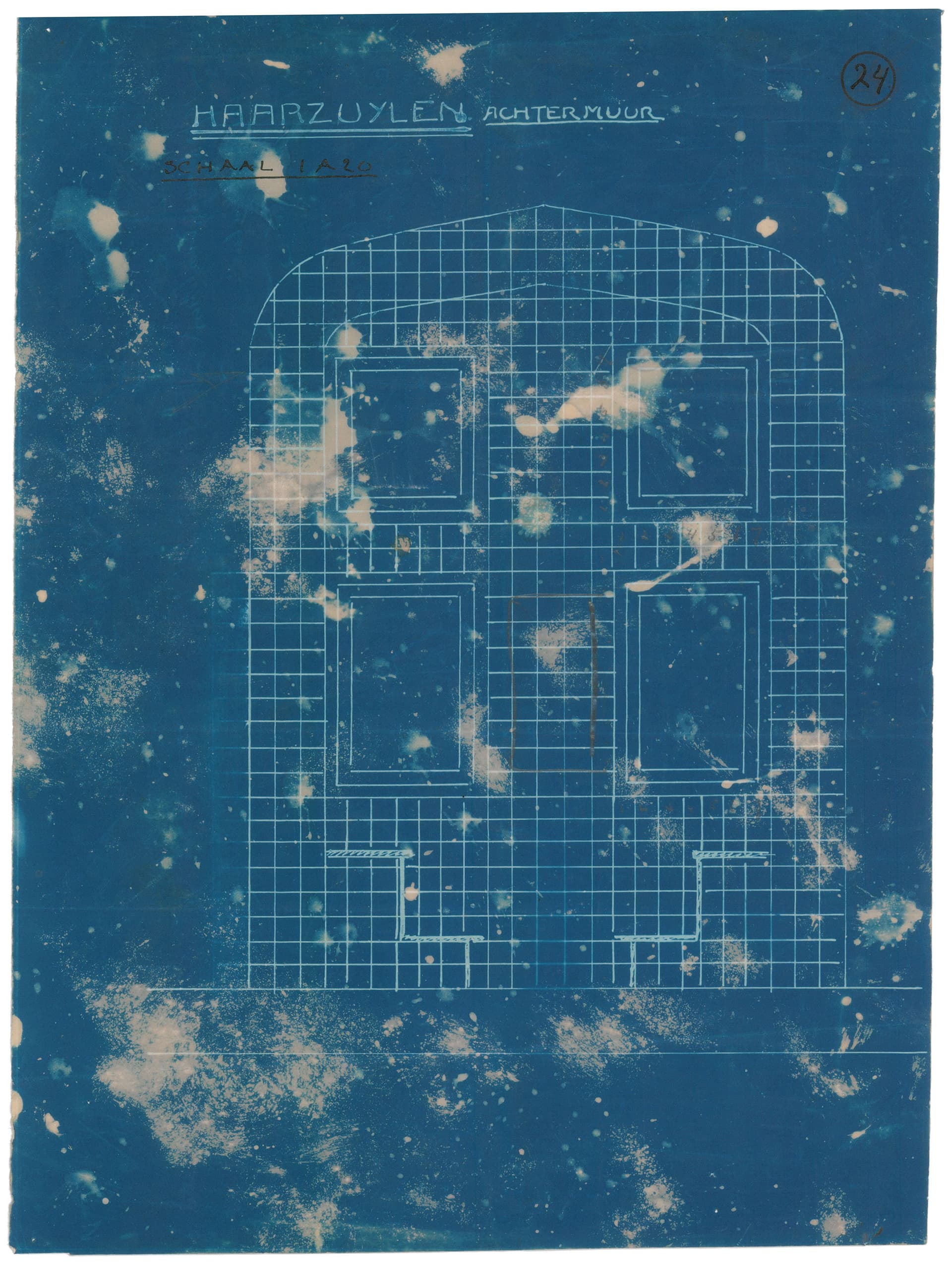 Many blueprints have white spots, which show that making them was no easy task in the beginning. The right chemical knowledge and experience were essential. P.J.H. Cuypers. Blueprint ‘Haarzuilen rear wall’ at Kasteel de Haar, c. 1900. Coll… 