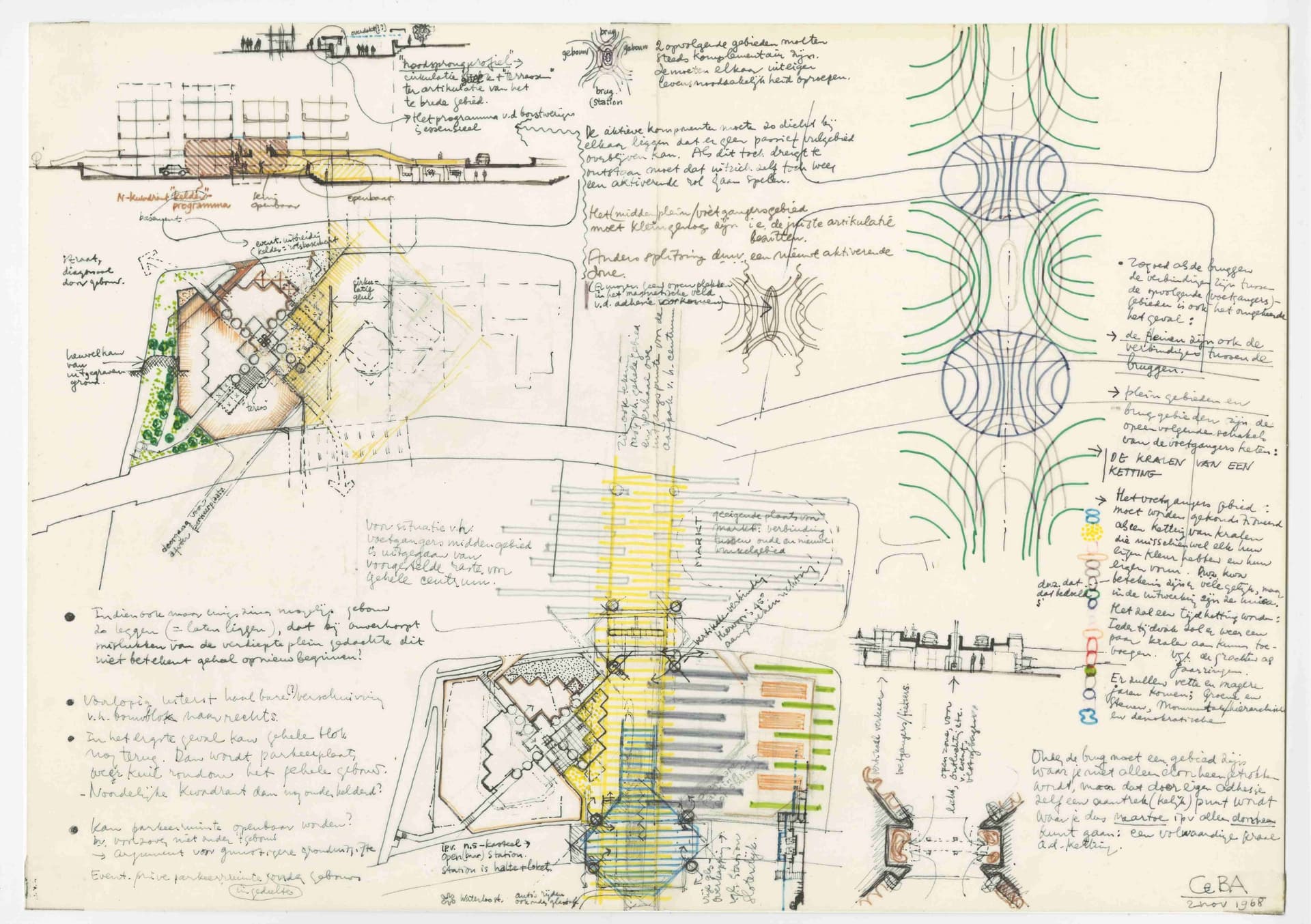  H. Hertzberger. Kantoorgebouw Centraal Beheer, 1968. Collectie Het Nieuwe Instituut, HERT 13.4-2. Hertzberger gebruikte zijn schetsen met teksten onder andere ter verduidelijking van zijn ontwerp en om de ontwerpers en tekenaars op zijn bureau… 