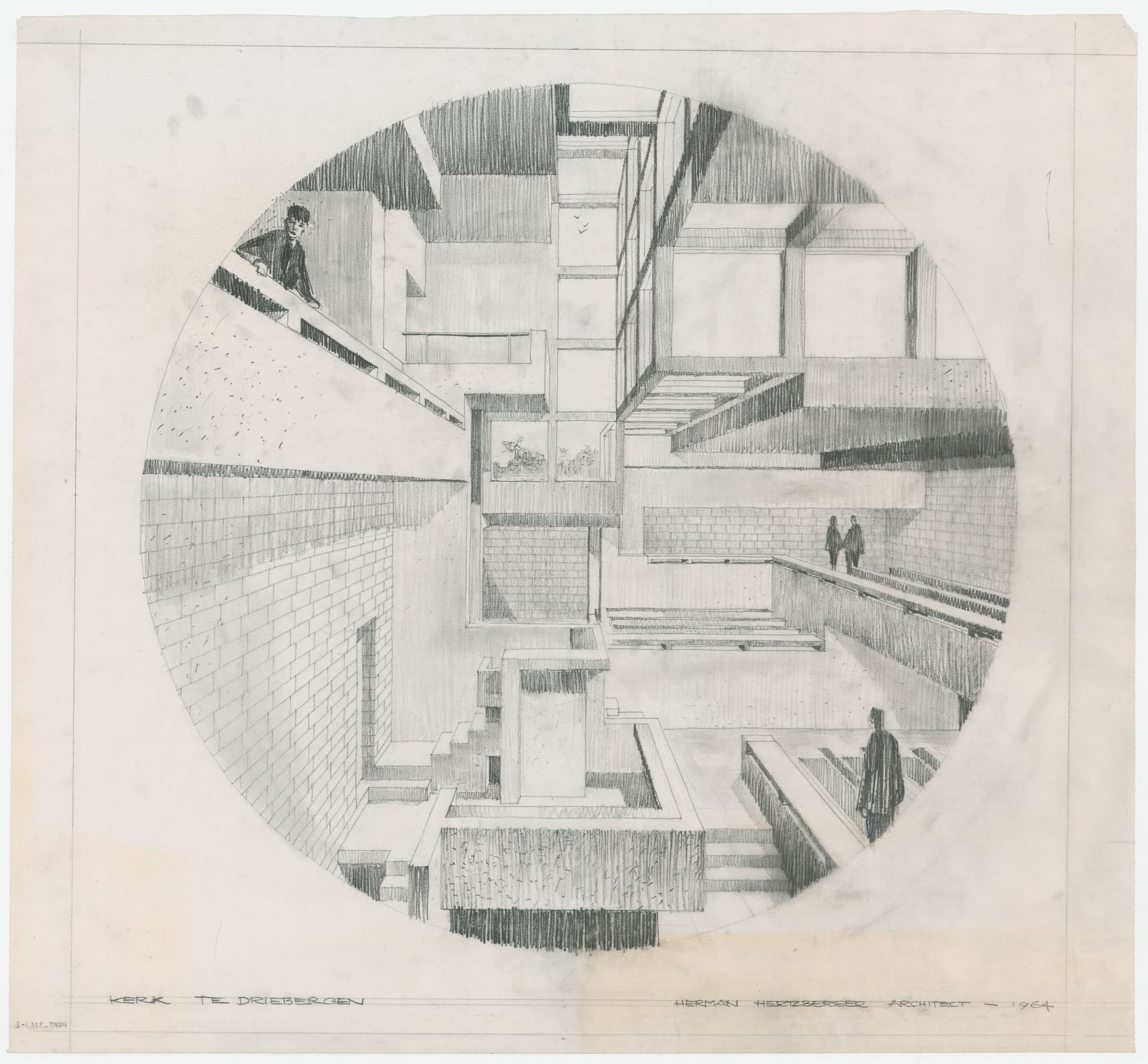 H. Hertzberger. Prijsvraag Kerk en Wereld, 1964. Presentatieschets interieur. Collectie Het Nieuwe Instituut, HERT 311.1-2 