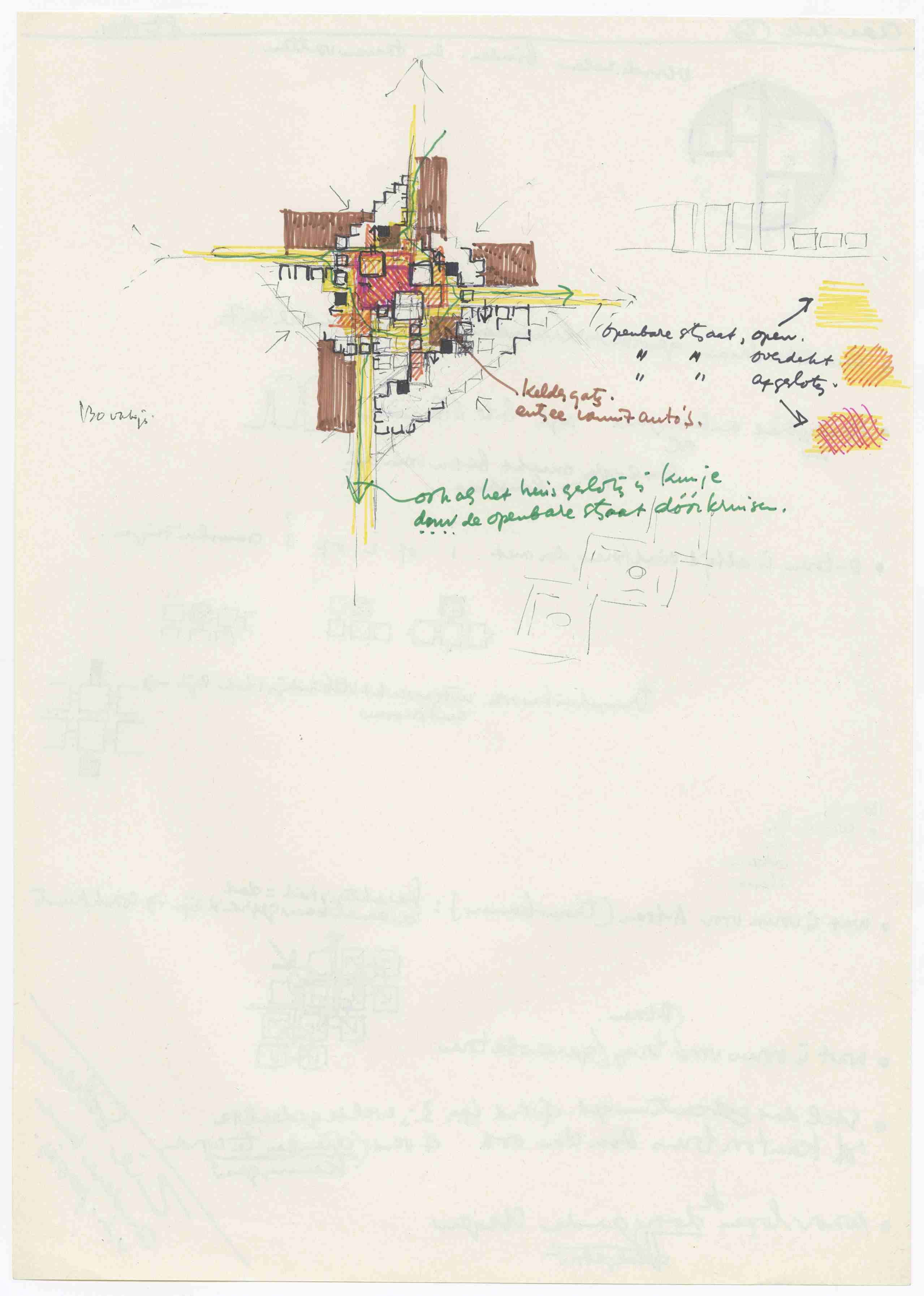  H. Hertzberger. Gebruik van geel voor aanduiding van openbare ruimtes in ontwerpschets Prijsvraag Stadhuis Amsterdam, 1967. Collectie Het Nieuwe Instituut, HERT 9.2-3a 