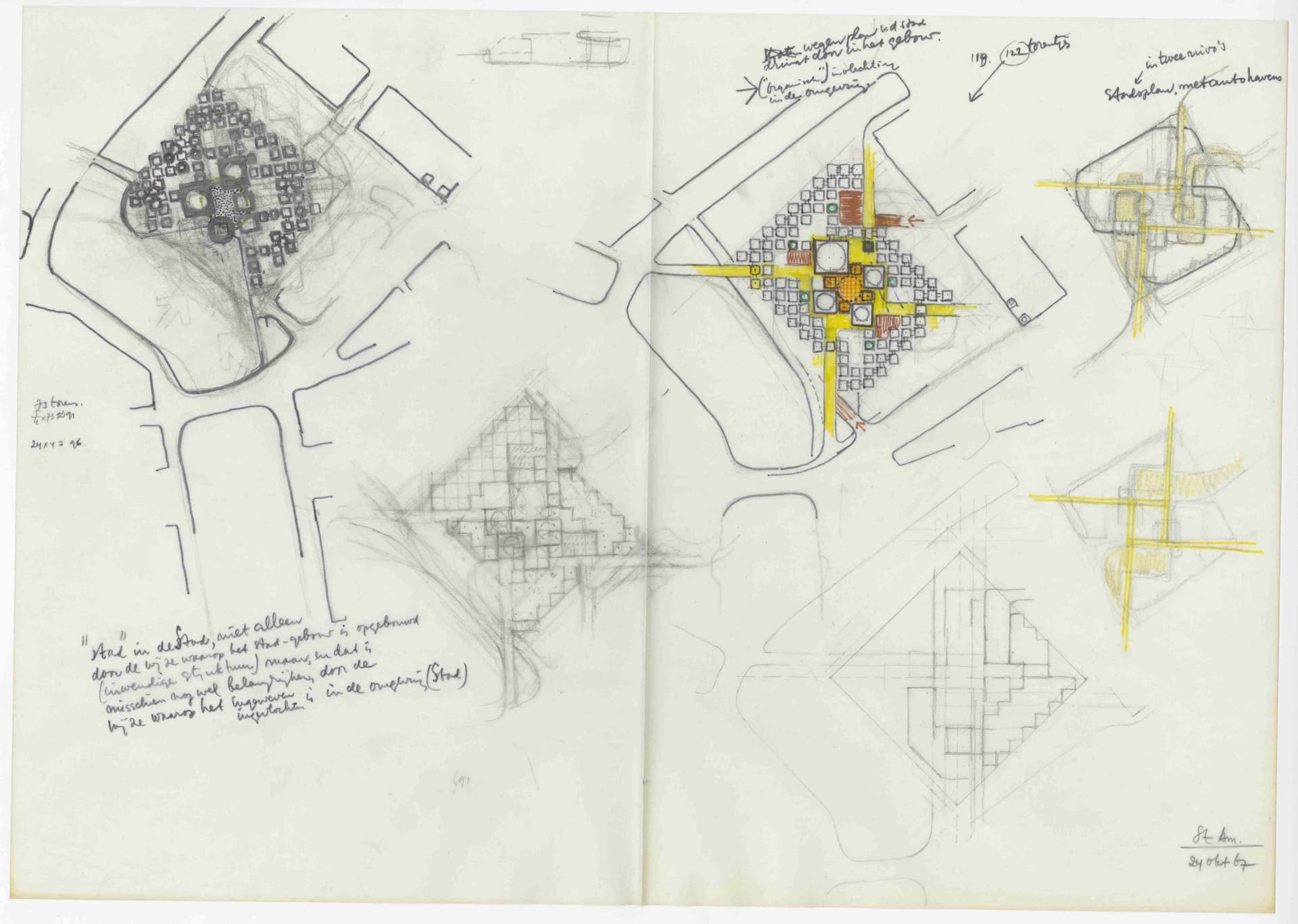  H. Hertzberger. Ontwerpschets Prijsvraag Stadhuis Amsterdam, 24 oktober 1967. Collectie Het Nieuwe Instituut, HERT 9.2-4 