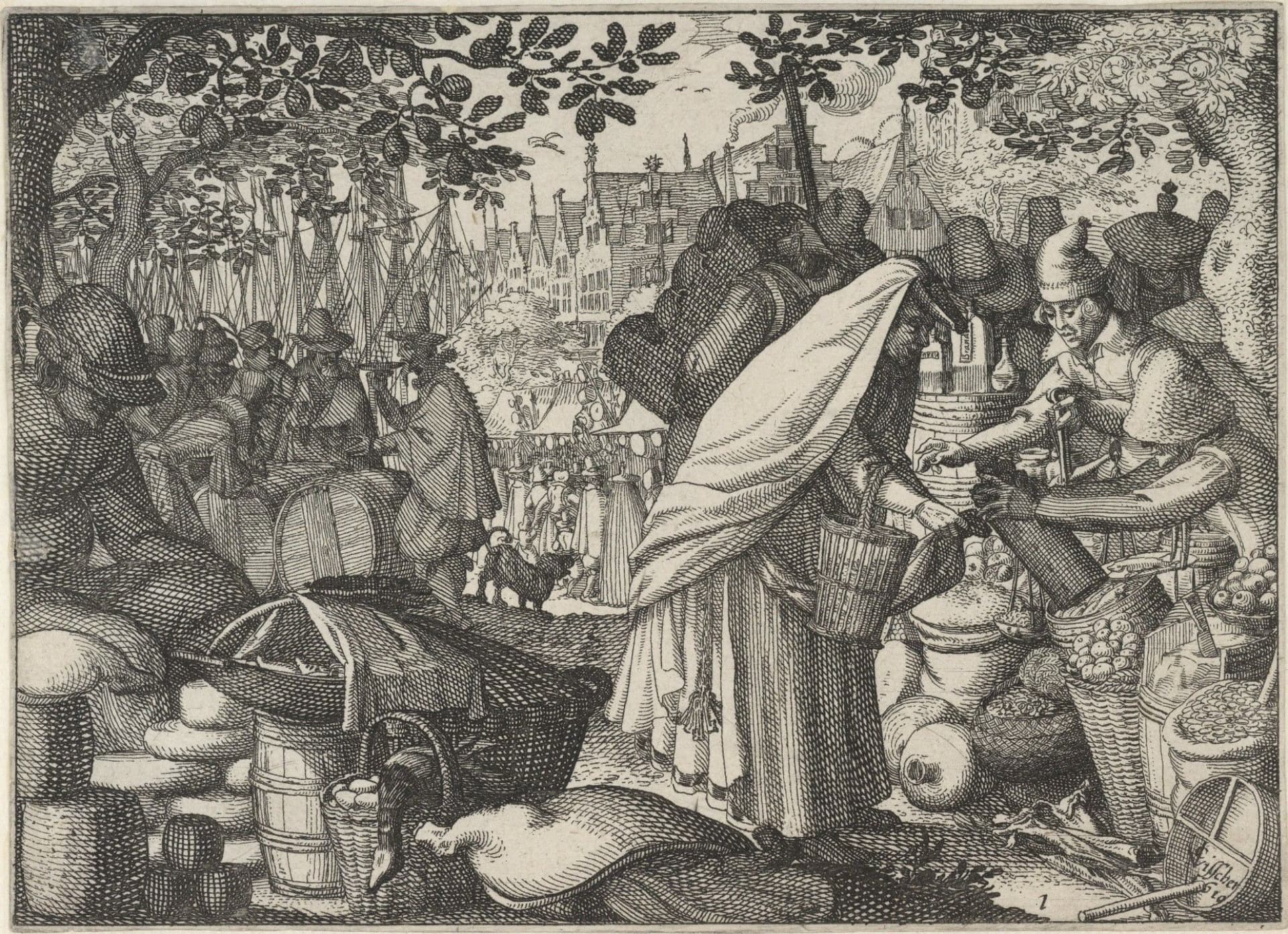 A European hood as worn in the Netherlands. Detail of A Market in a Dutch Port, an etching by Claes Jansz Visscher, 1610. Museum Boijmans Van Beuningen, Rotterdam. 