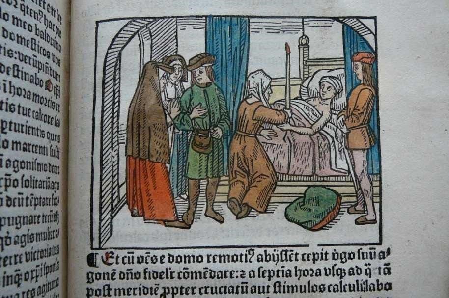 Woodcut from Vita alme virginis Liidwine by Johannes Brugman, 1498, printed by Schiedam priest and printer Otgier Nachtegaal, with a woman in a huik at the deathbed of Lidwina of Schiedam. 