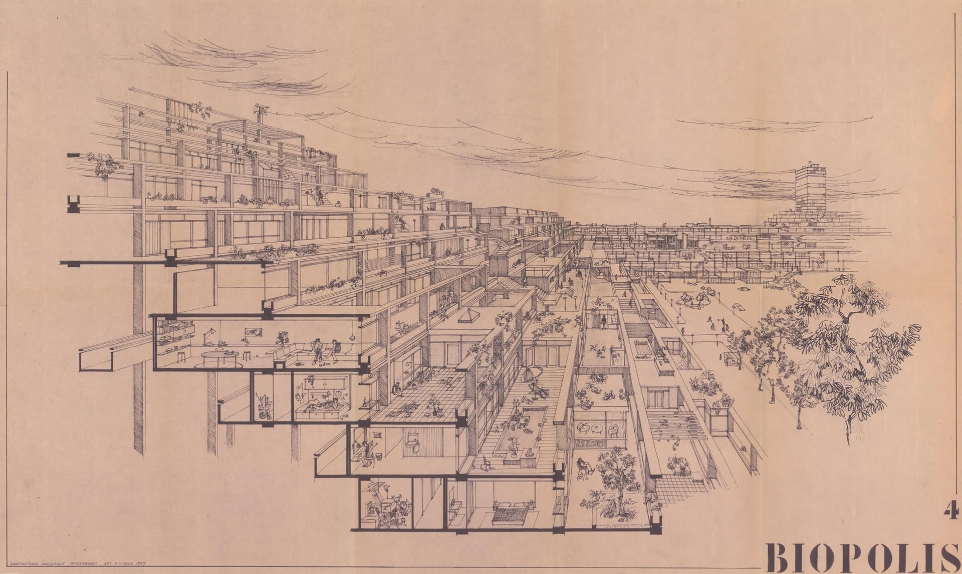 Architecturele schets van een terrasvormig wooncomplex..