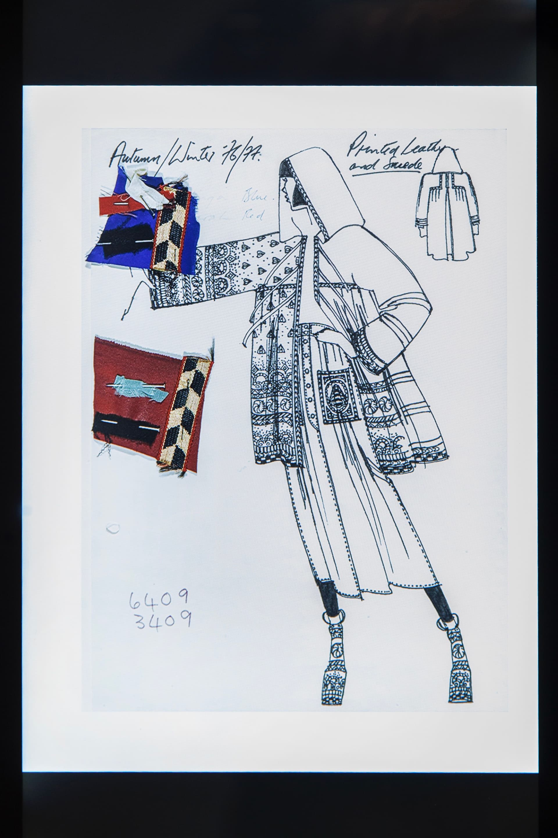Bill Gibb, Fashion Drawing for a printed leather and suede pattern jacket with a hood, 1976. Collection of the Victoria And Albert Museum, London. Photo: Het Nieuwe Instituut. 