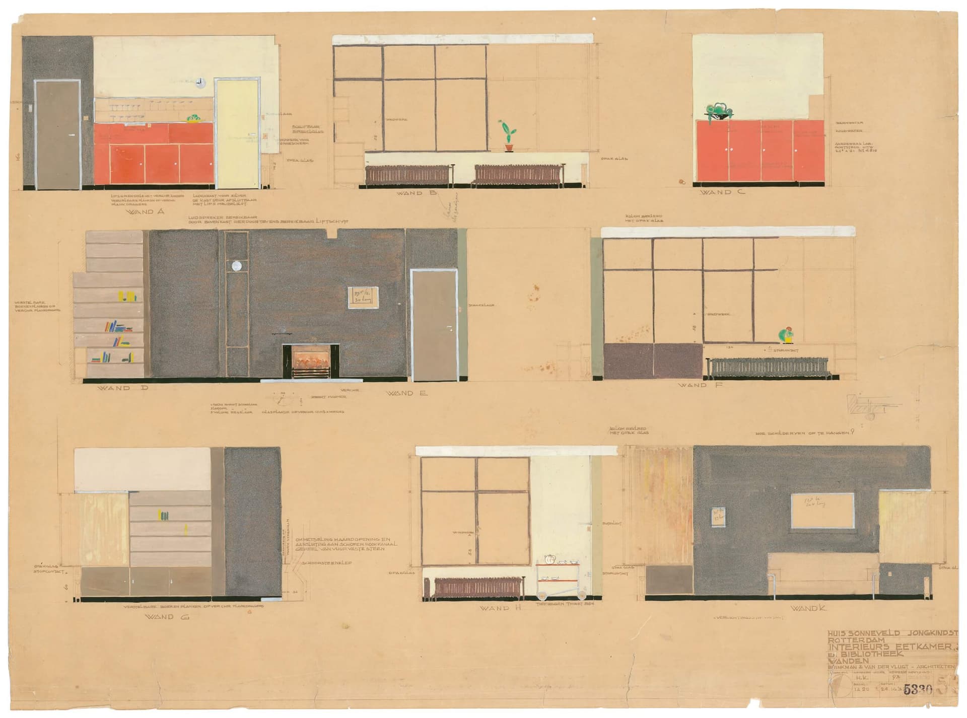 J.A. Brinkman and L.C. van der Vlugt. Interior Dining room and Library, Sonneveld House, 1932 